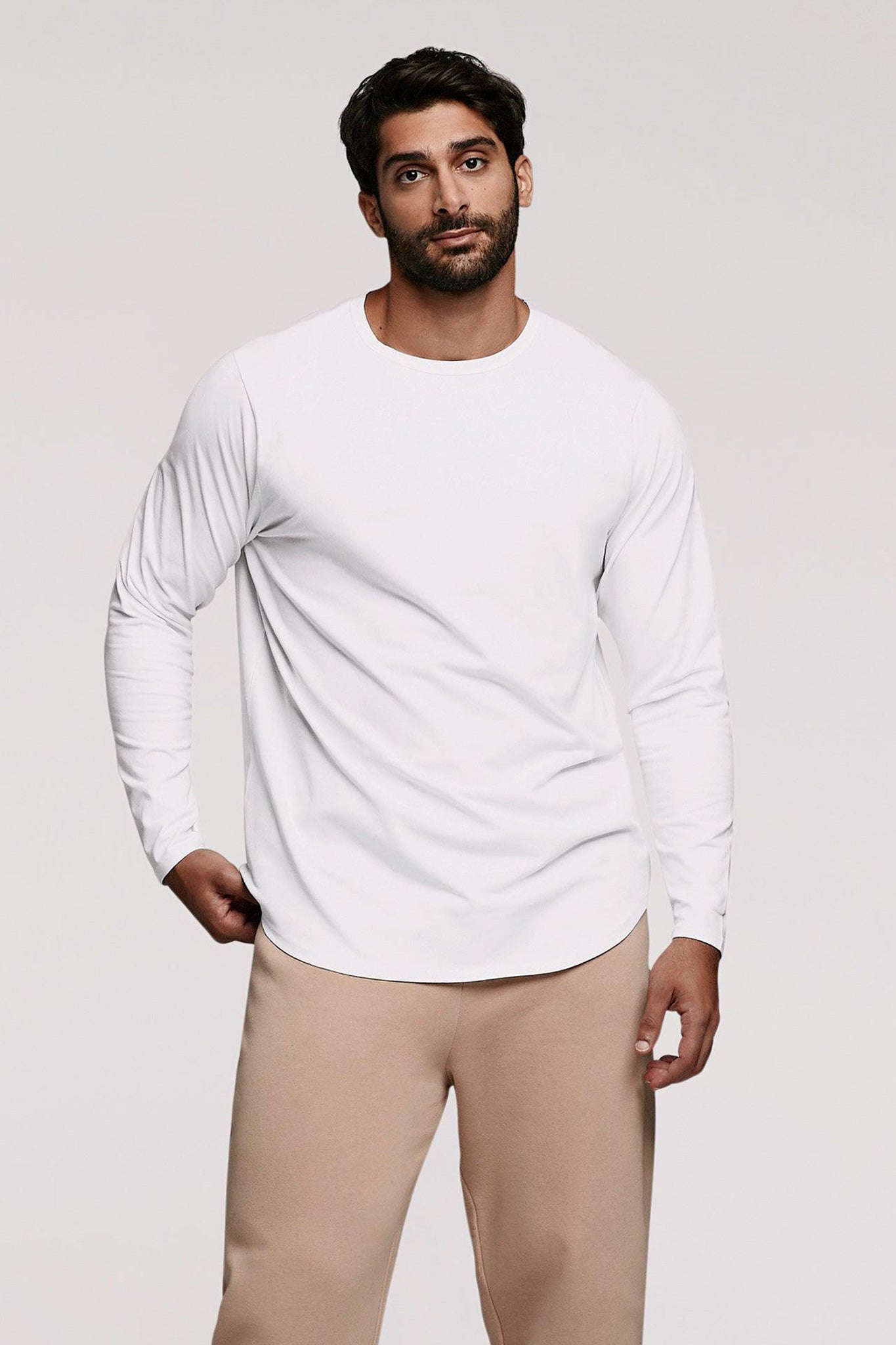 Men's Long Sleeve Curved Hem T-Shirt | White