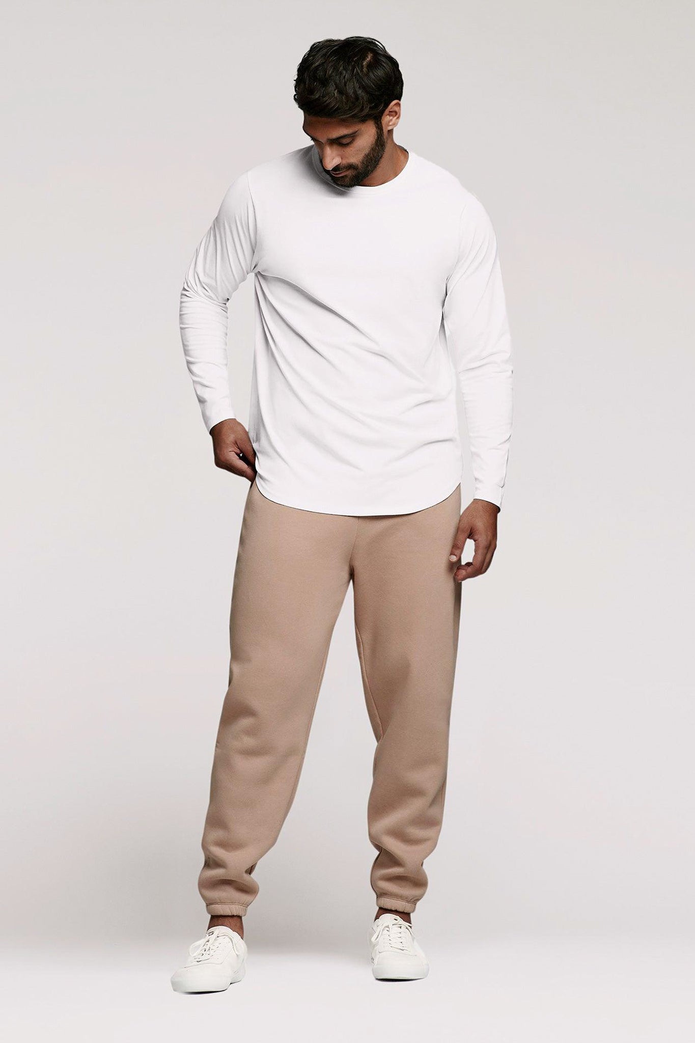 Men's Long Sleeve Curved Hem T-Shirt | White