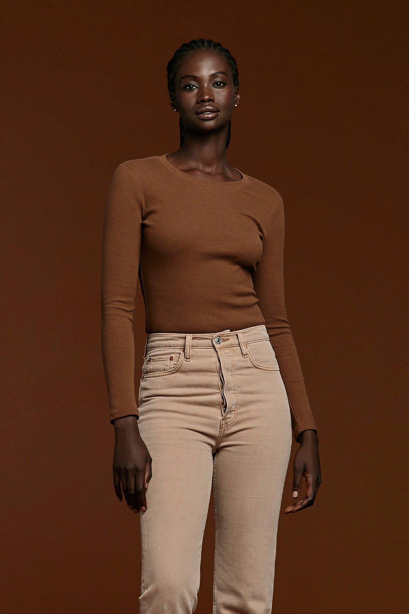 Women's Long Sleeve Ribbed Crewneck Bodysuit | Chocolate