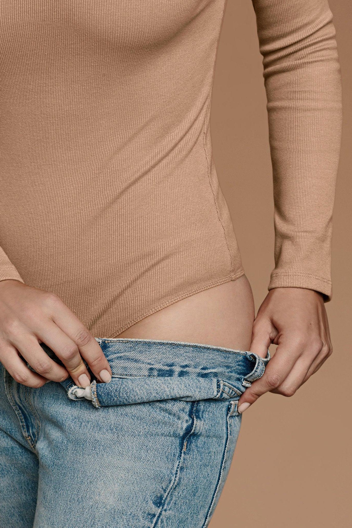 Women's Long Sleeve Ribbed Crewneck Bodysuit | Cinnamon