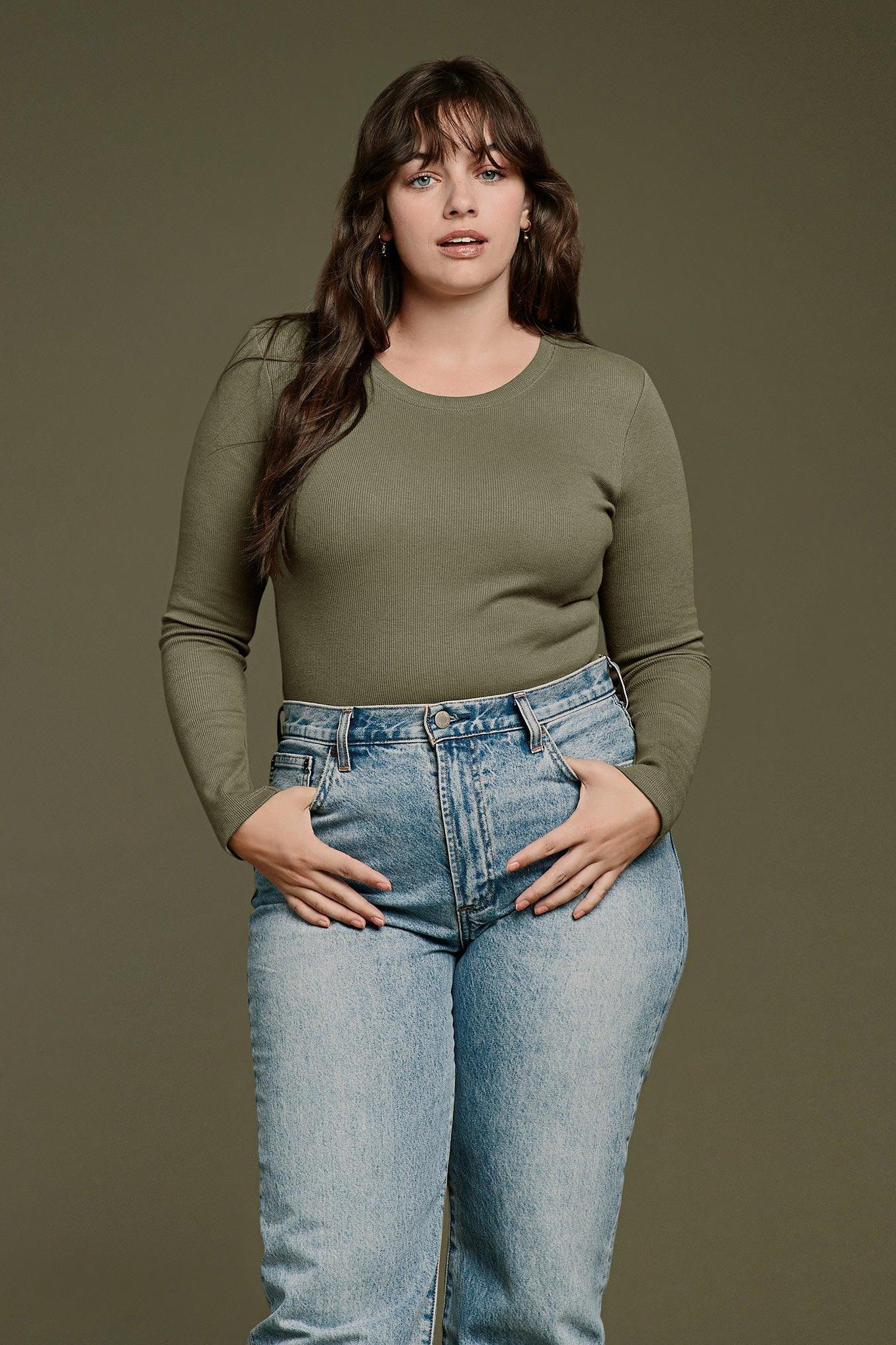 Women's Long Sleeve Ribbed Crewneck Bodysuit | Dark Olive