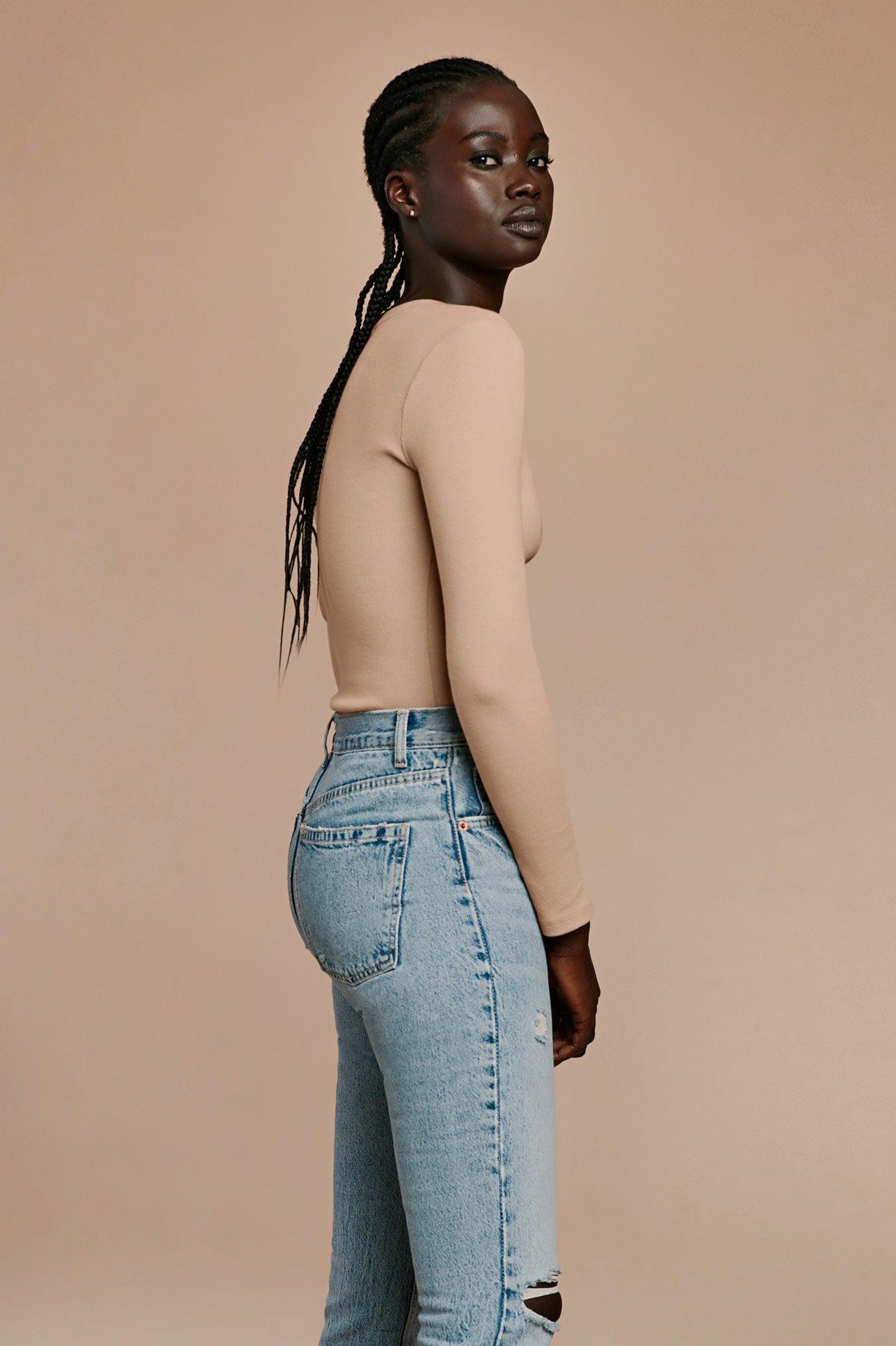 Women's Long Sleeve Ribbed Crewneck Bodysuit | Sand