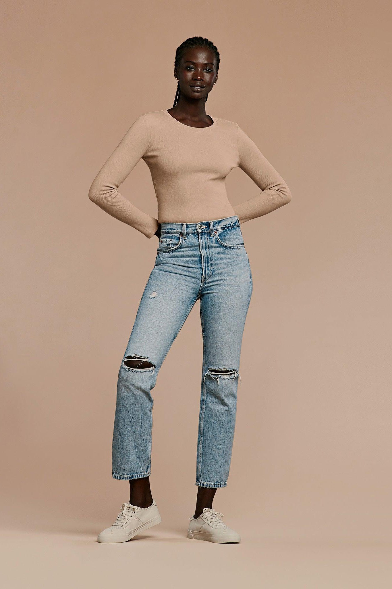 Women's Long Sleeve Ribbed Crewneck Bodysuit | Sand