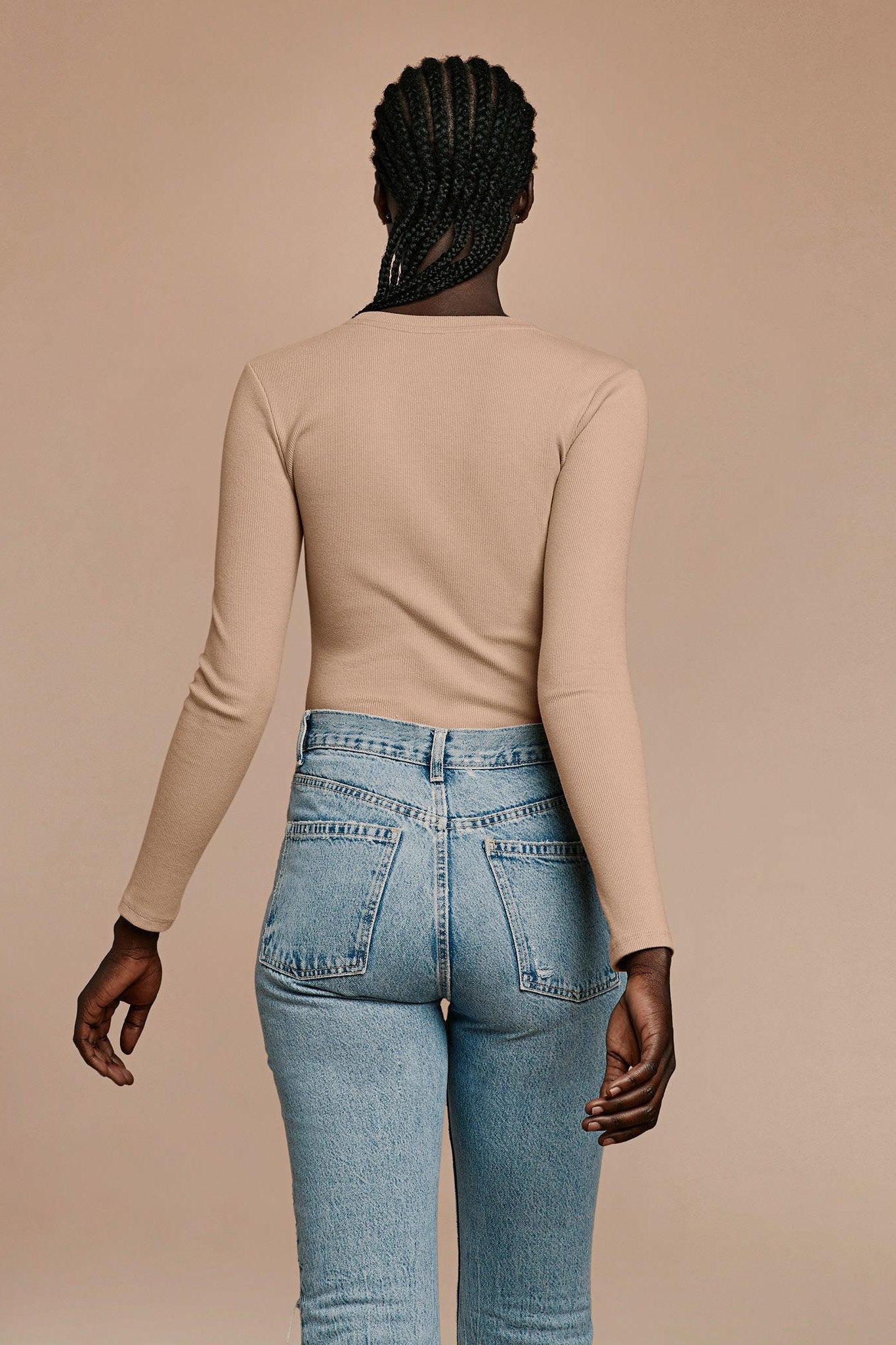 Women's Long Sleeve Ribbed Crewneck Bodysuit | Sand