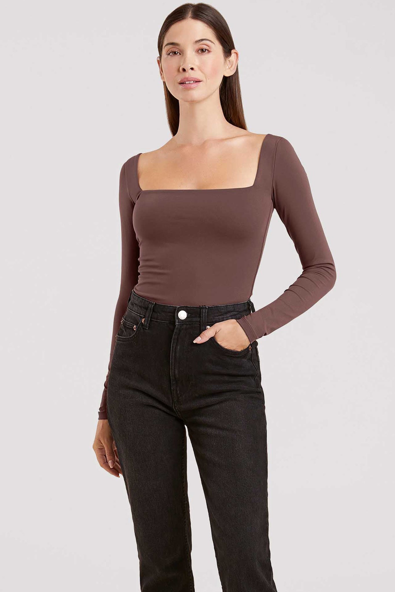 Long Sleeve Wide Square Neck Bodysuit | Coffee – nuuds