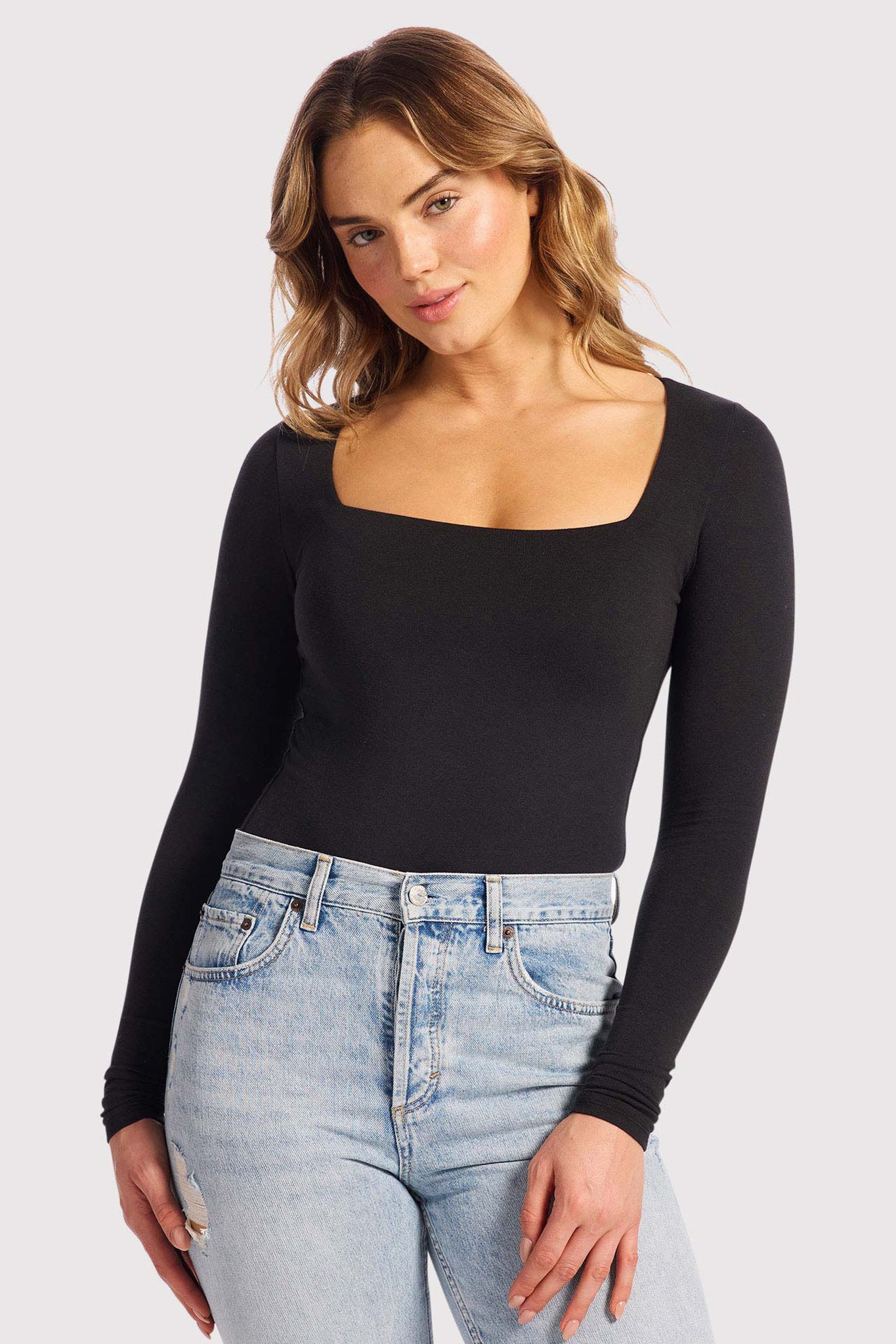 Cotton Stretch Long Sleeve Square Neck Bodysuit | Black – nuuds