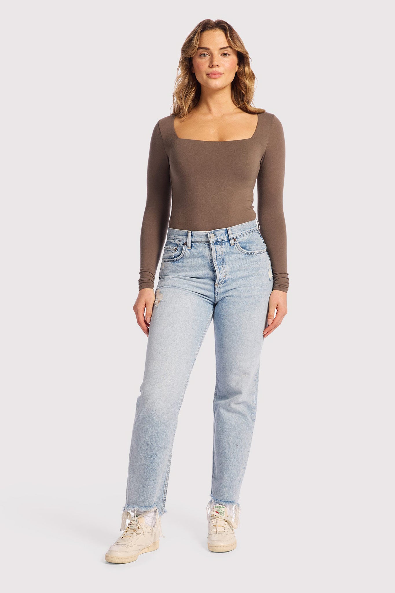 Cotton Stretch Long Sleeve Square Neck Bodysuit