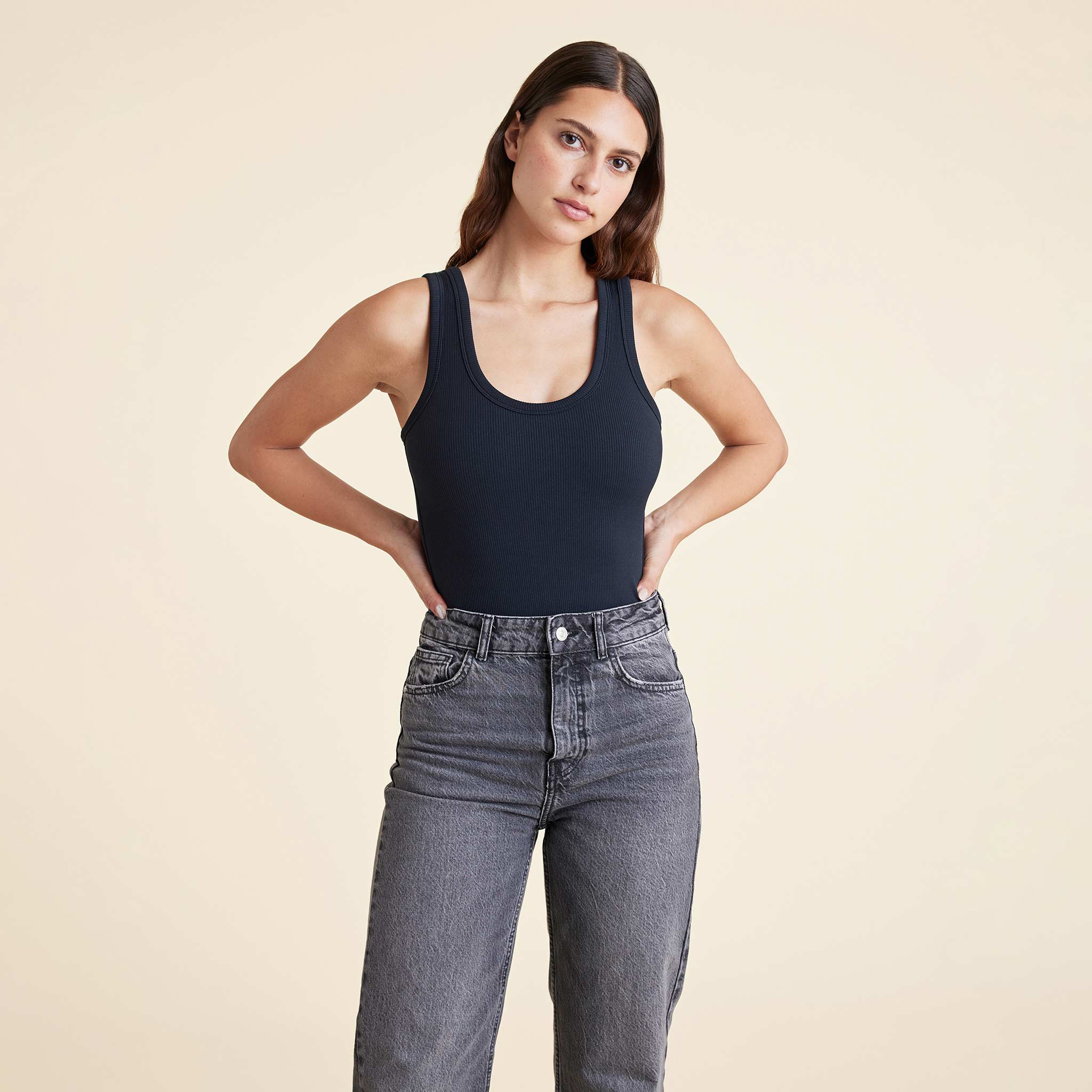 Ribbed Scoop Tank Bodysuit | Black