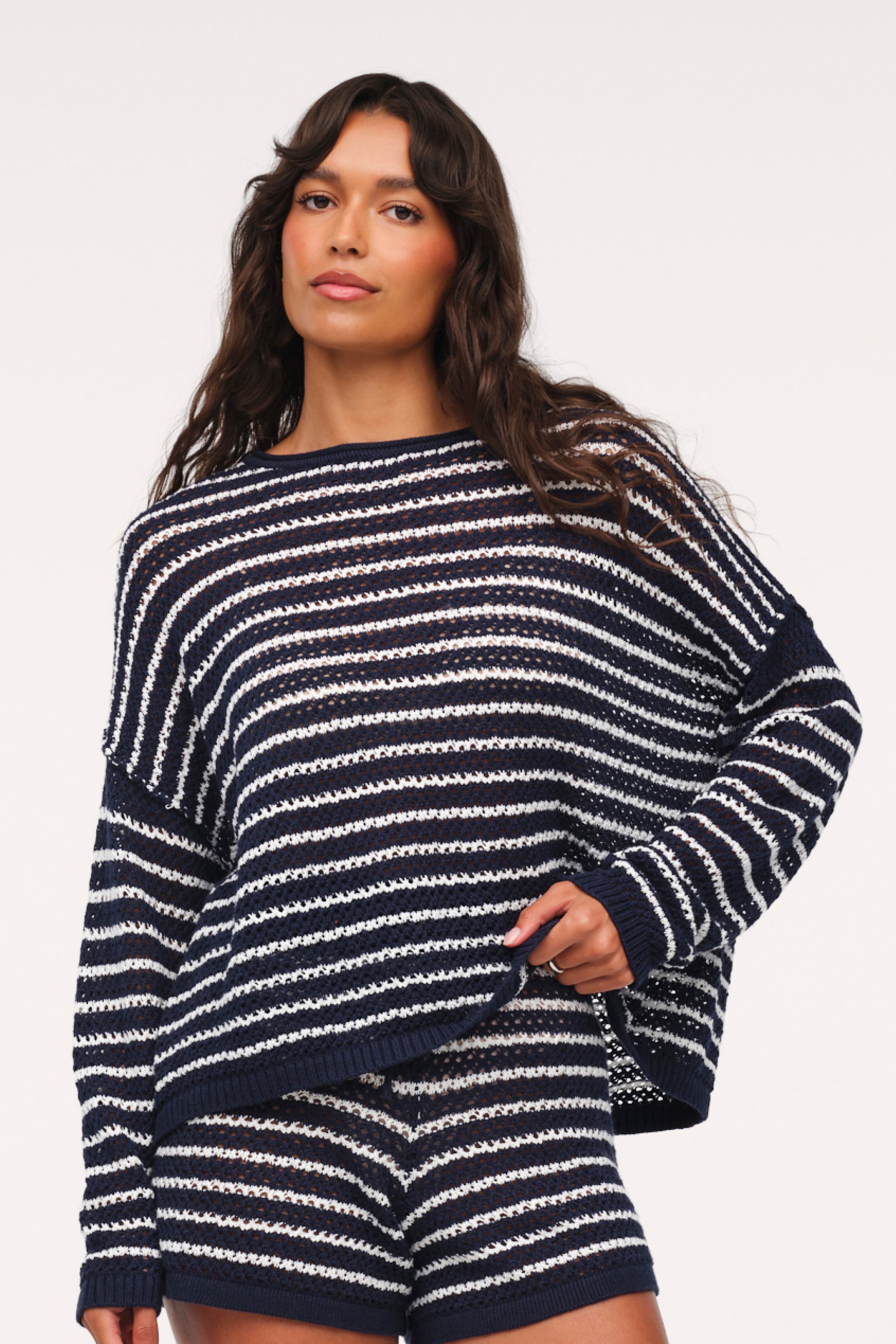 sqoud スクード　ニットポロシャツ Cotton Crochet Sweater | Navy Stripe – nuuds