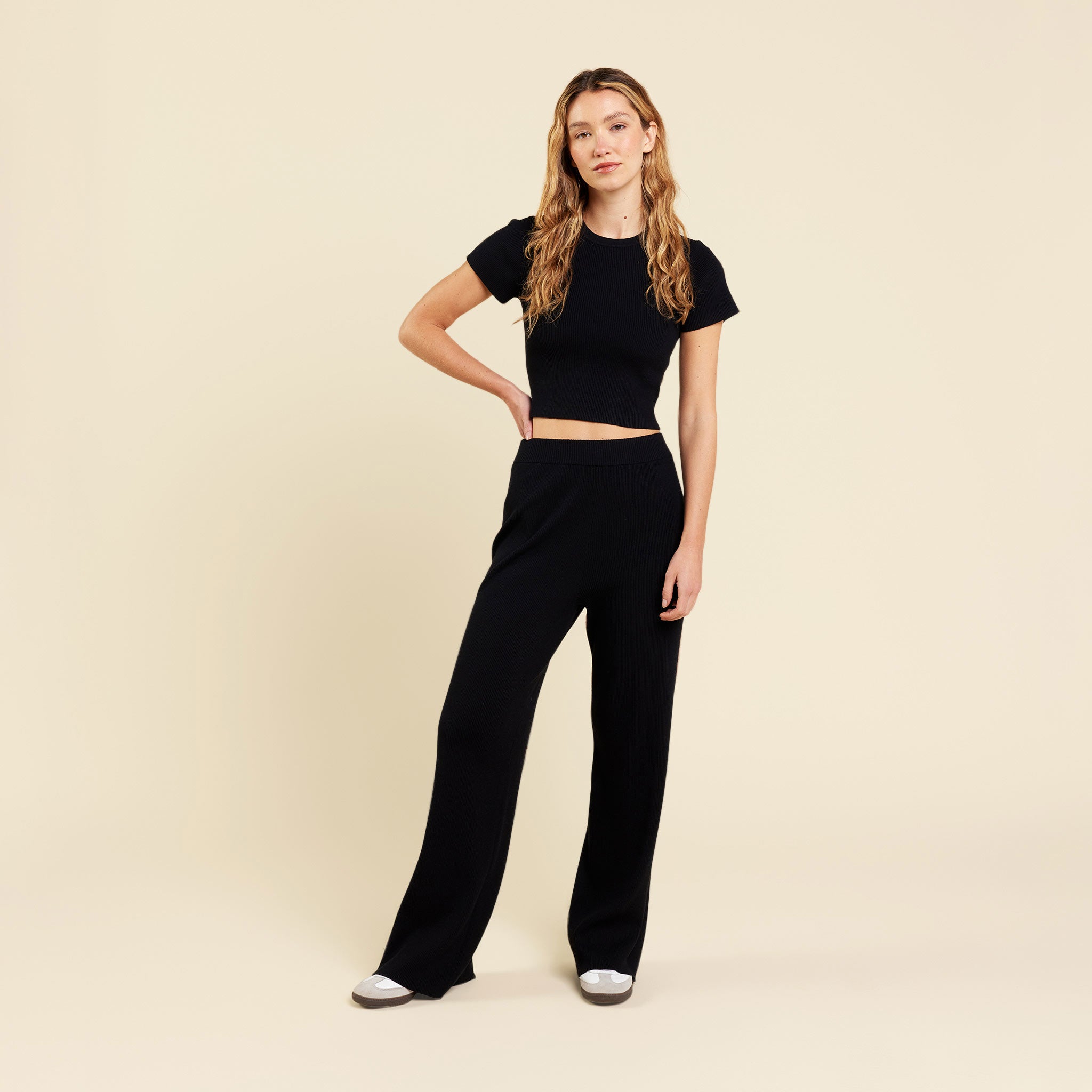Ribbed Sweater Wide Leg Pant Black