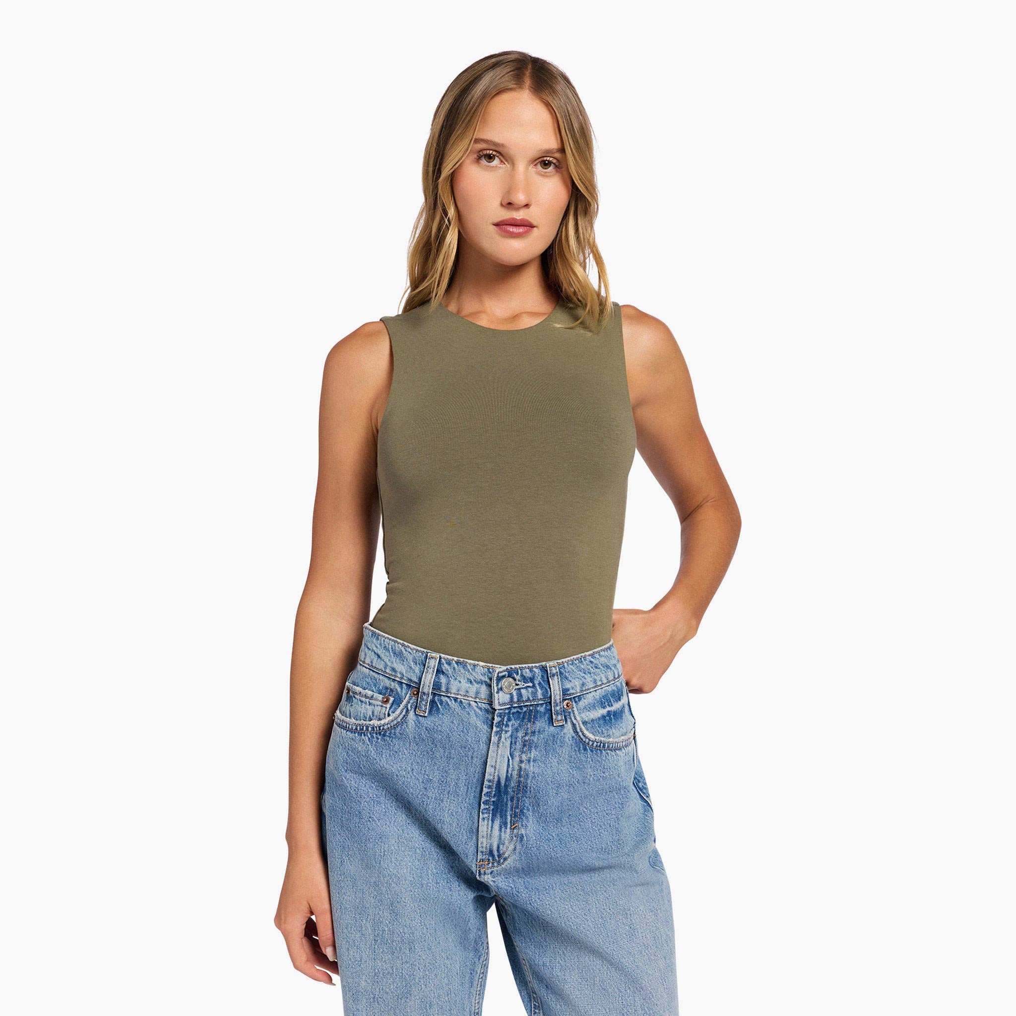 Cotton Stretch Classic Crewneck Tank Bodysuit | Olive