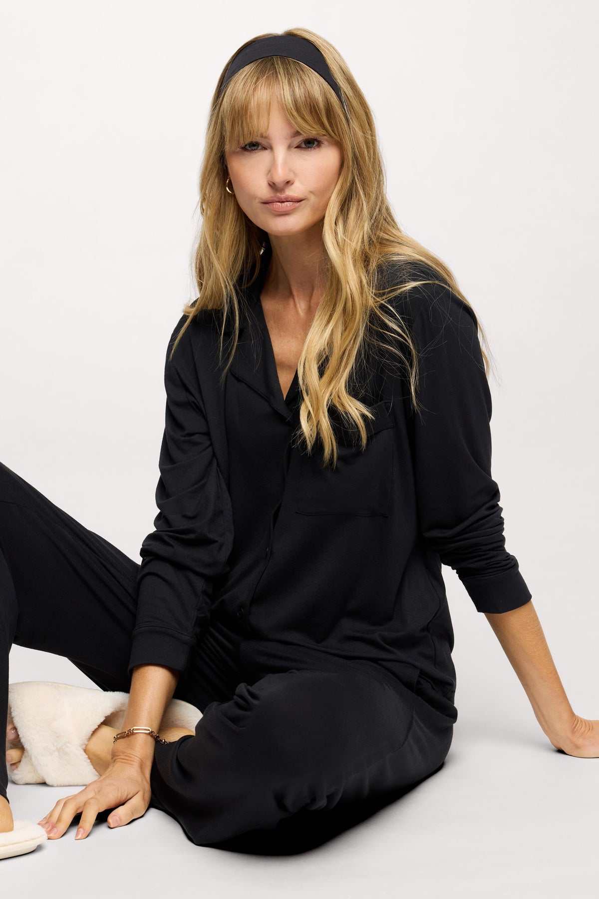Color:Black | Long Sleeve Button-Up Pajama Shirt