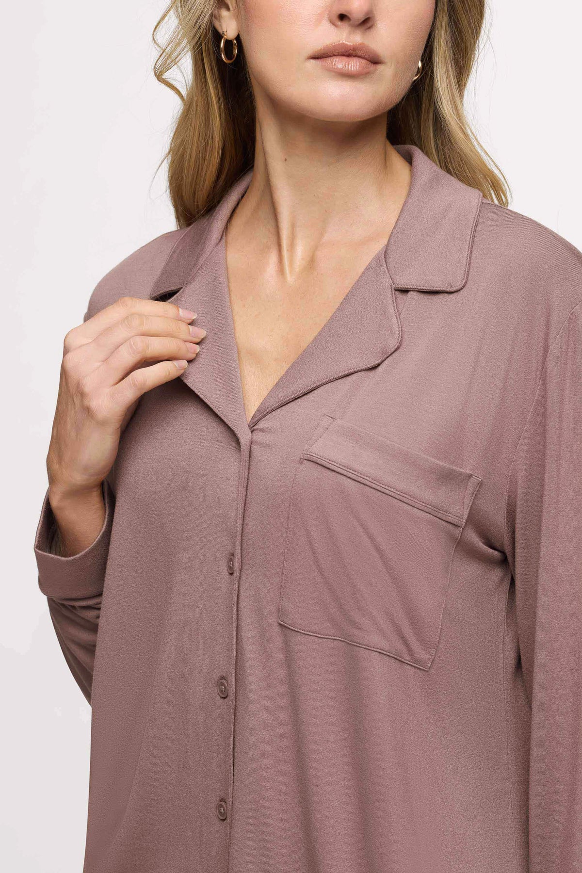 Color:Cocoa | Long Sleeve Button-Up Pajama Shirt