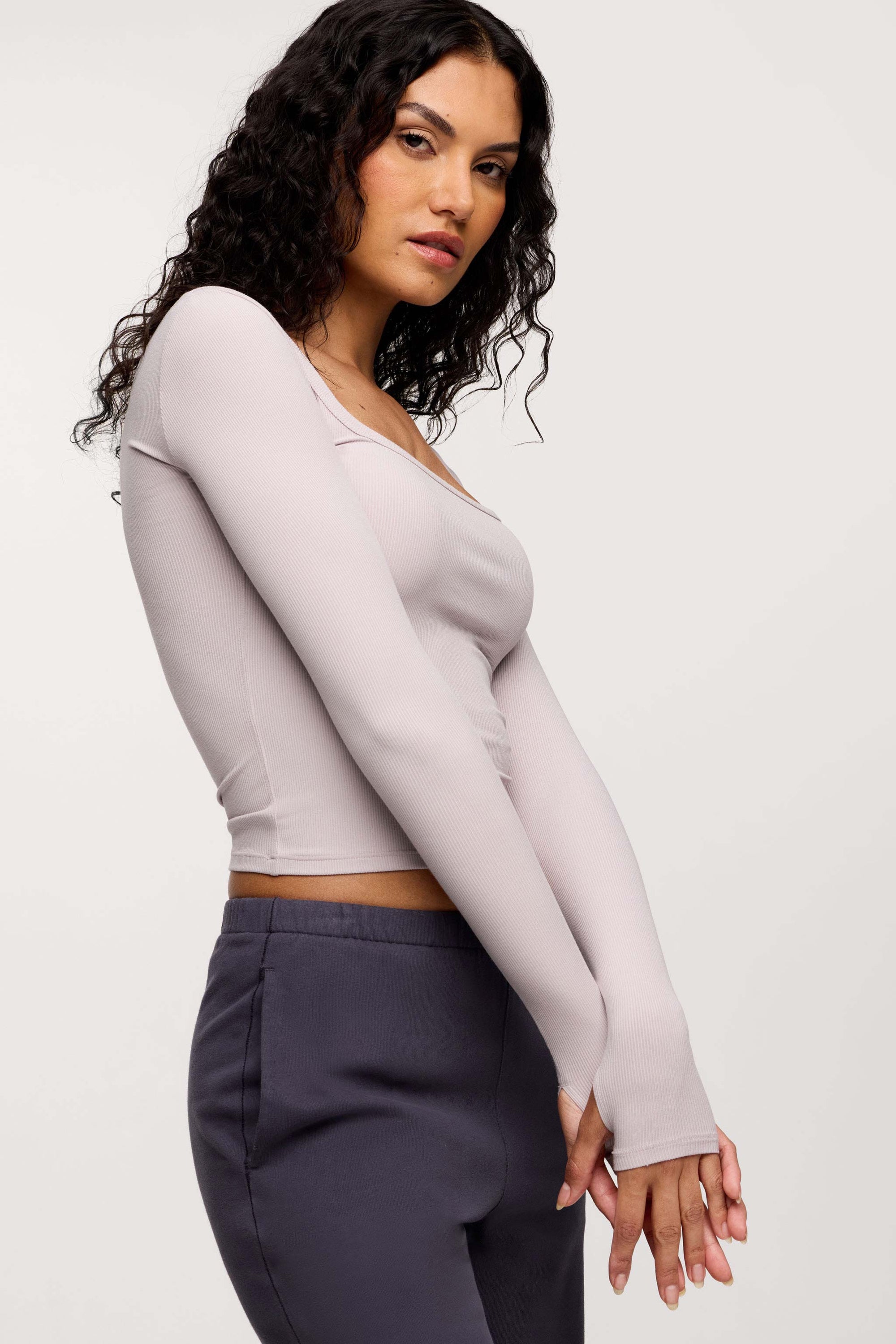 Sporty Rib Portrait Long Sleeve Top