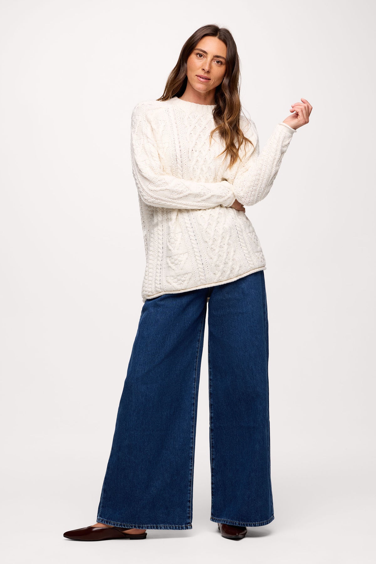 Color:Pearl | nuuds heritage cable sweater – women’s cable knit sweater cozy knitwear long sleeve