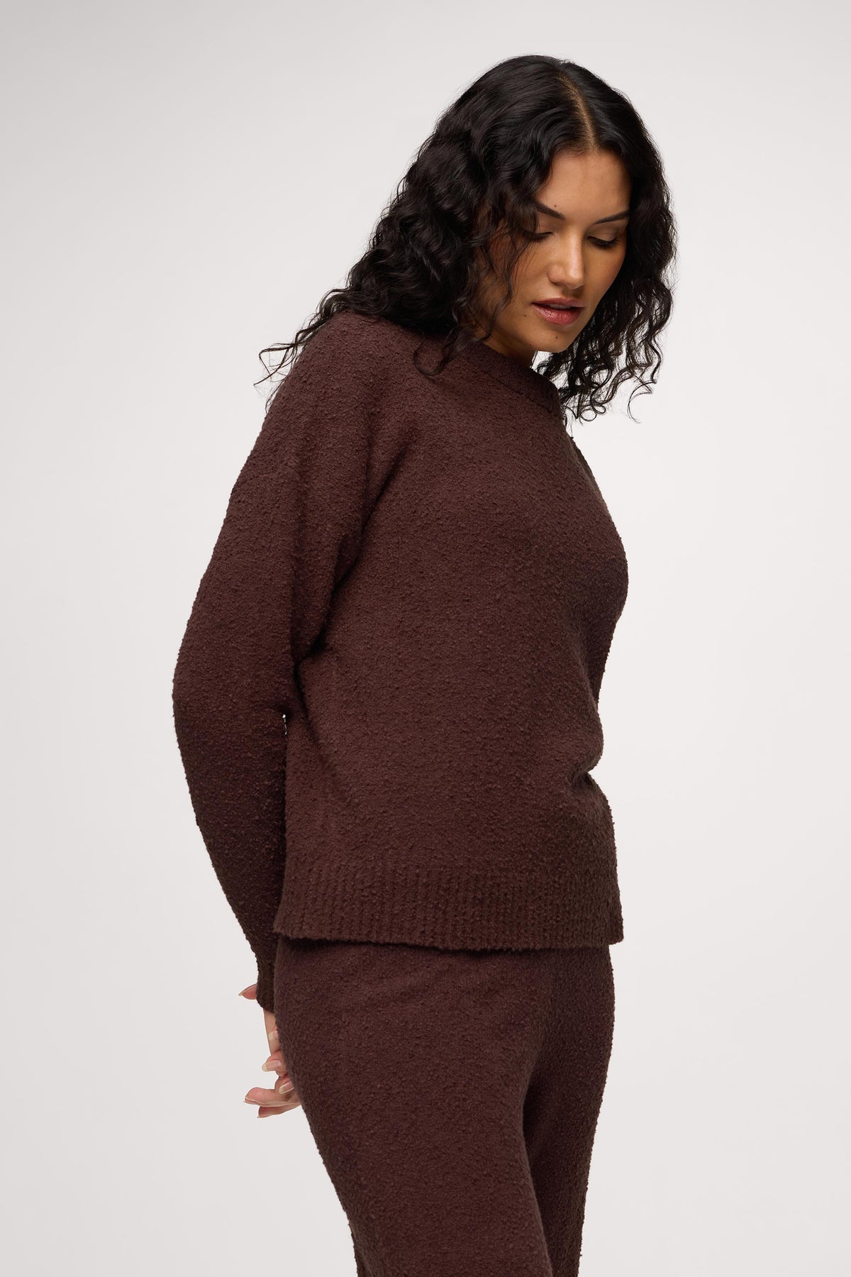 Color:Espresso | nuuds boucle crewneck sweater – cozy sweater womens sweater soft knit crewneck