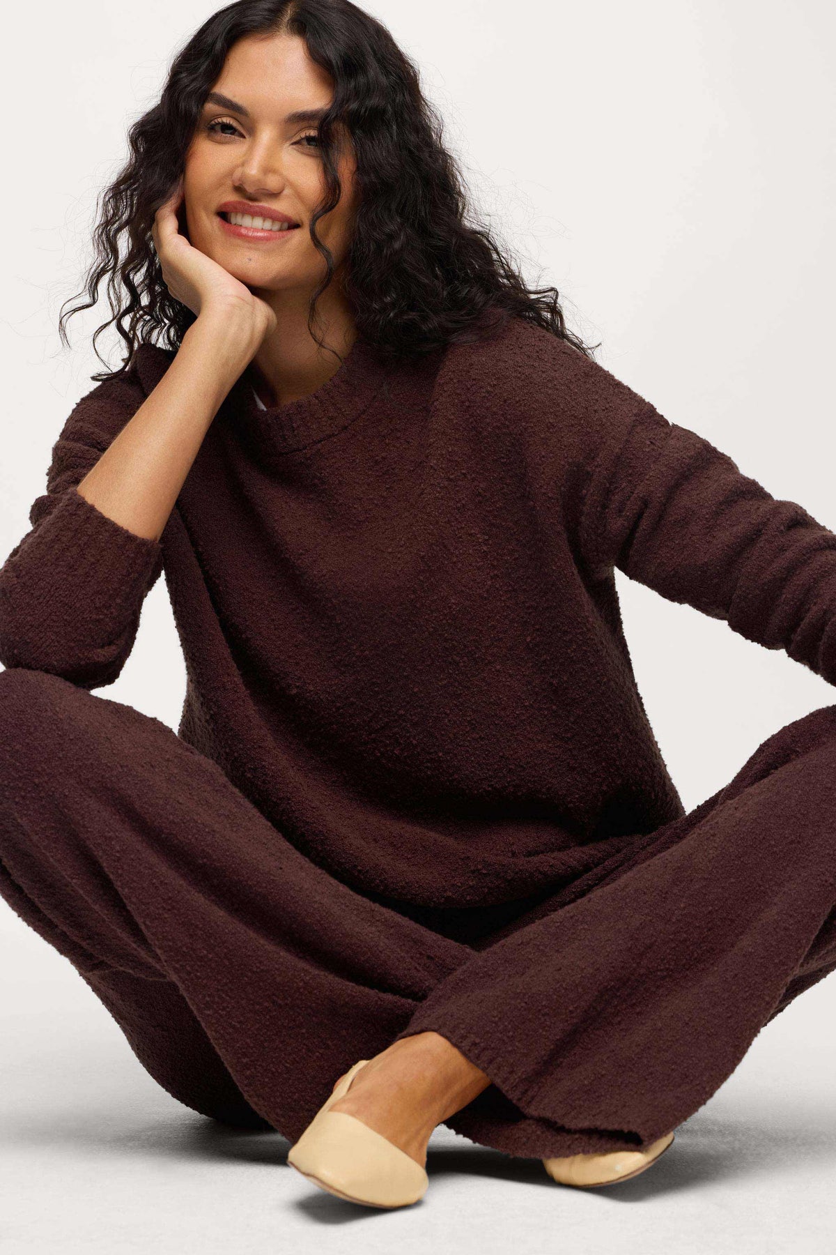 Color:Espresso | nuuds boucle crewneck sweater – cozy sweater womens sweater soft knit crewneck