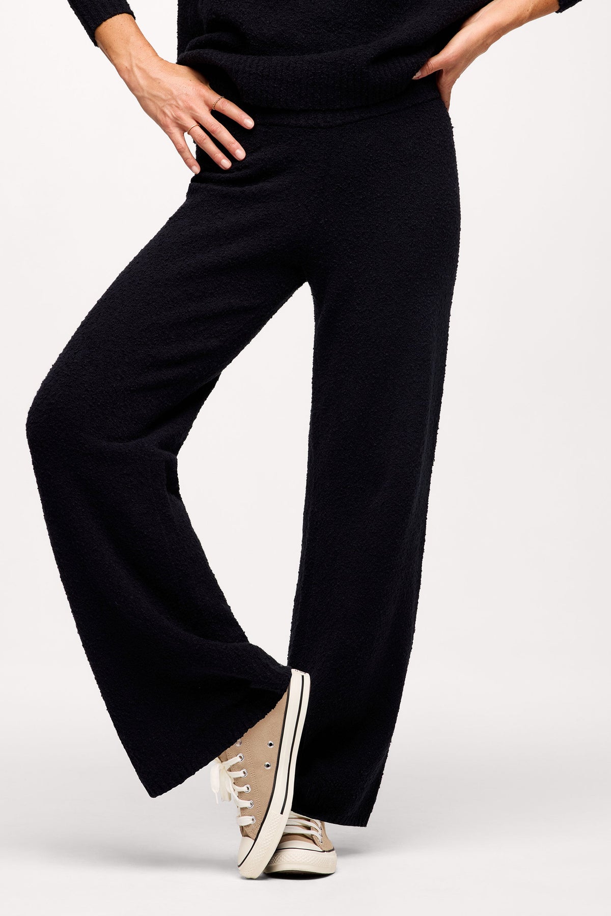 Color:Black | nuuds boucle sweater pant wide leg sweatpants casual pants for women comfort knit pants