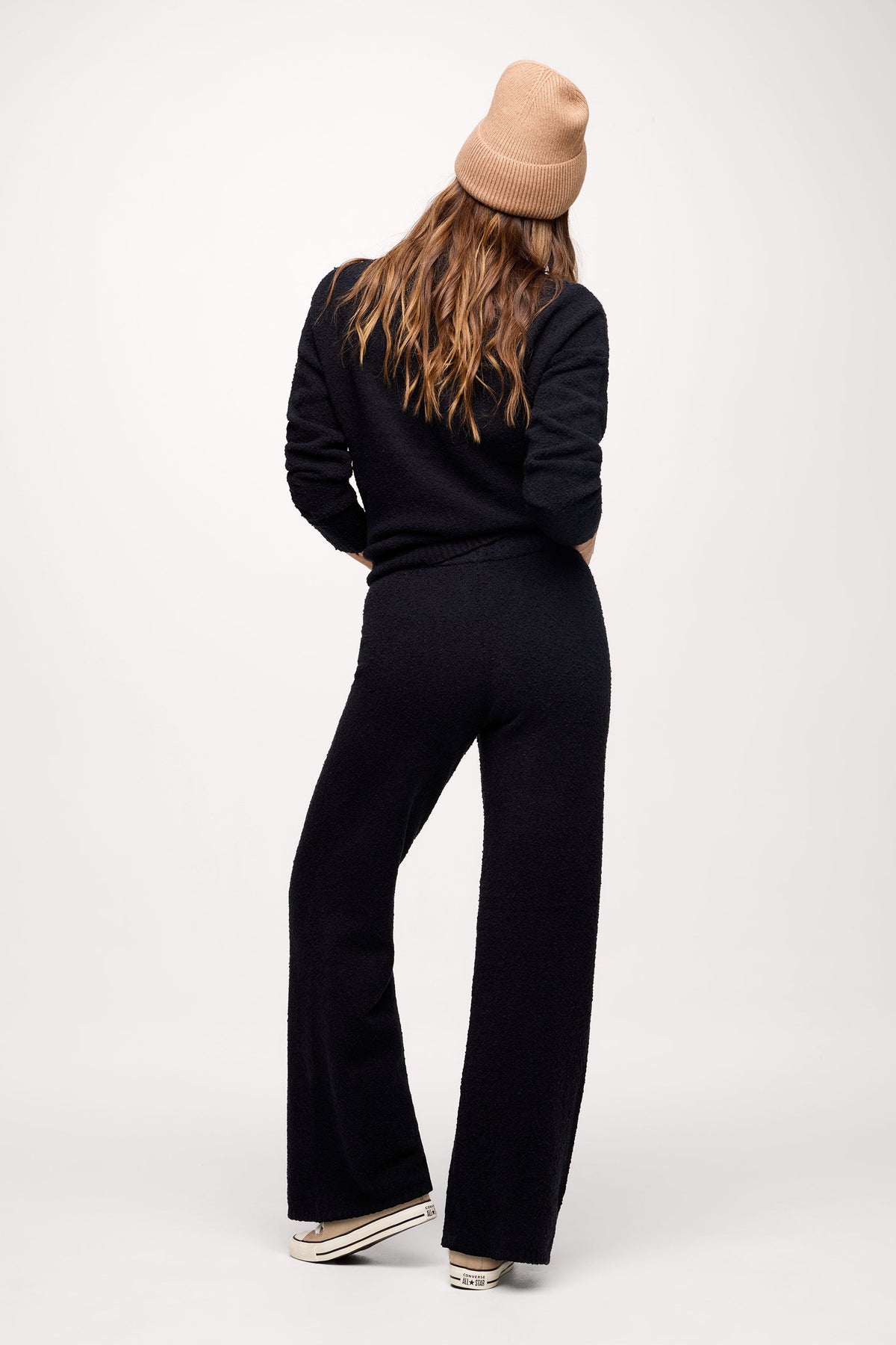 Color:Black | nuuds boucle sweater pant wide leg sweatpants casual pants for women comfort knit pants