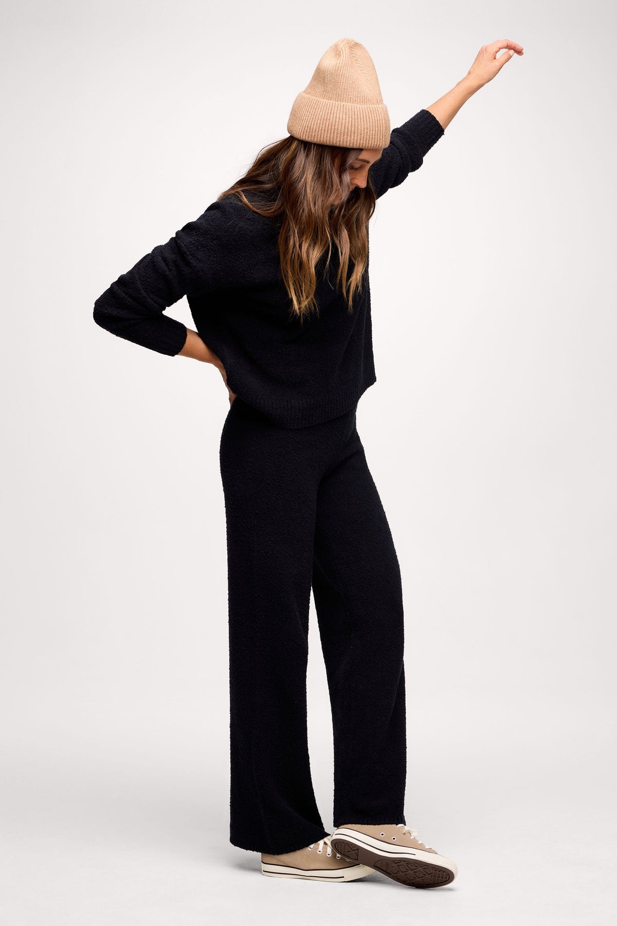 Color:Black | nuuds boucle sweater pant wide leg sweatpants casual pants for women comfort knit pants