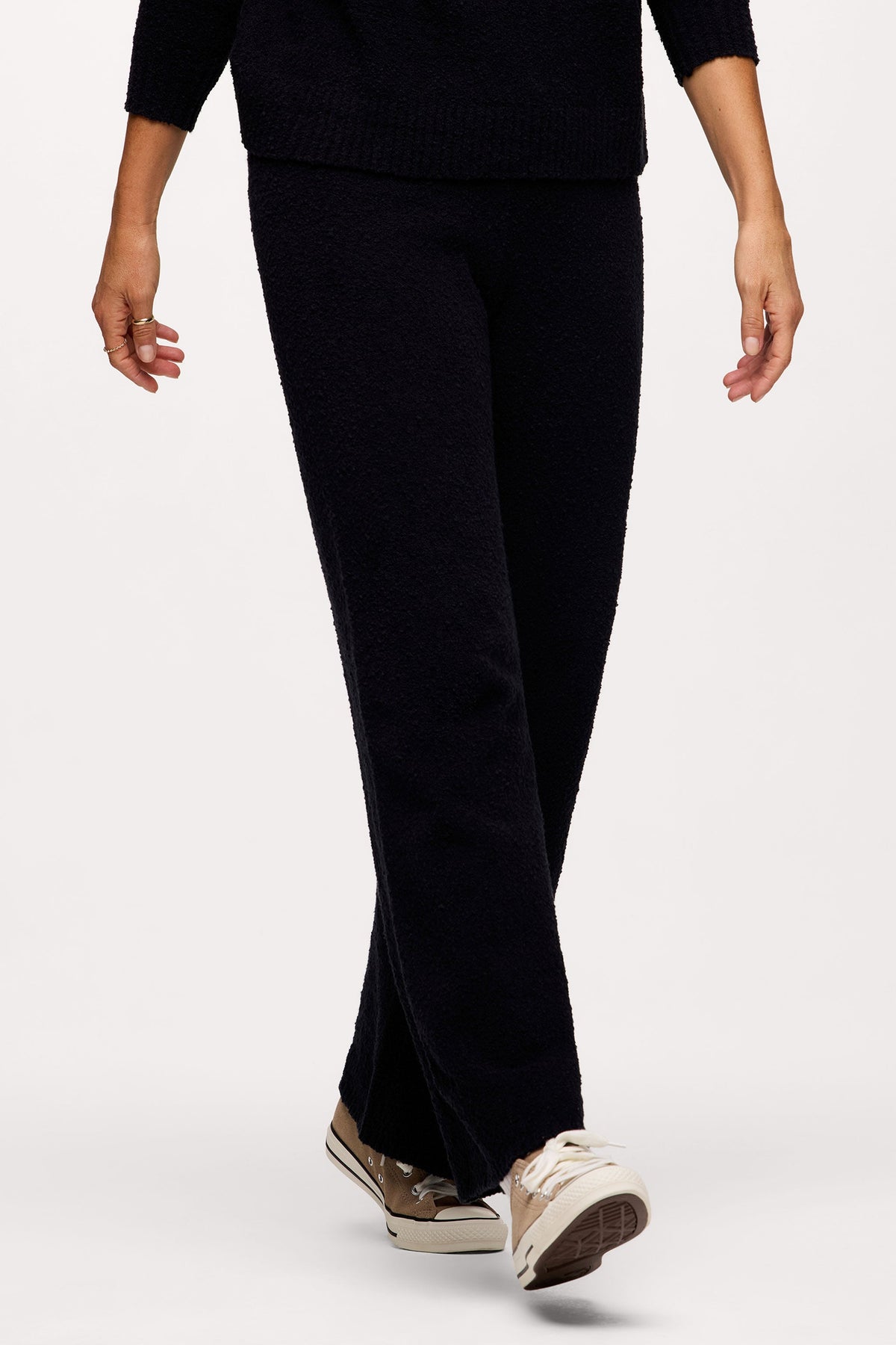 Color:Black | nuuds boucle sweater pant wide leg sweatpants casual pants for women comfort knit pants