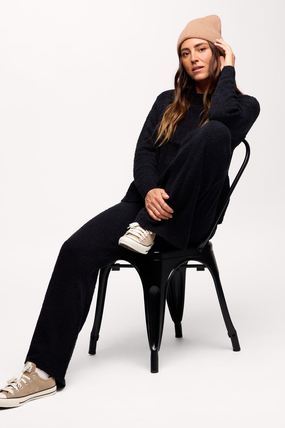 Color:Black | nuuds boucle sweater pant wide leg sweatpants casual pants for women comfort knit pants