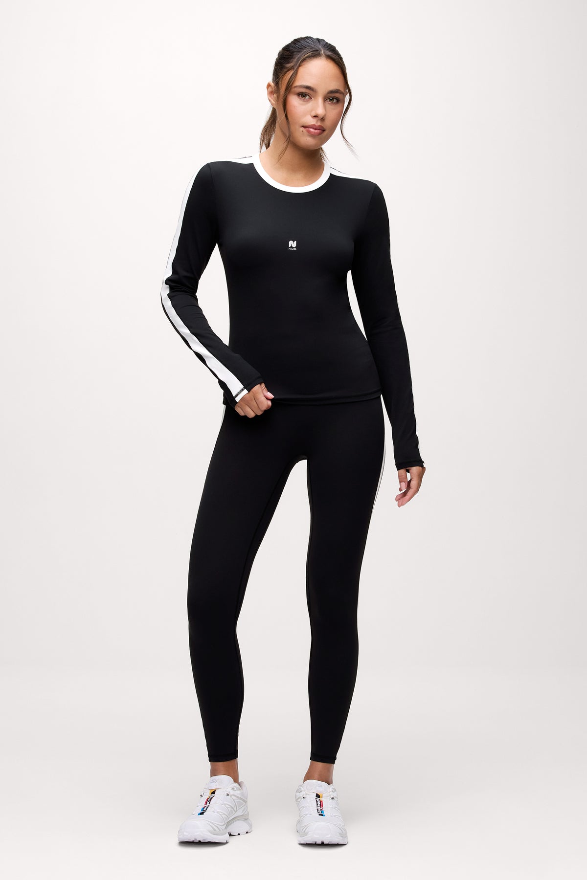 Color:Black | nuuds contrast long sleeve top womens long sleeve active shirt pilates outfit fitted workout top
