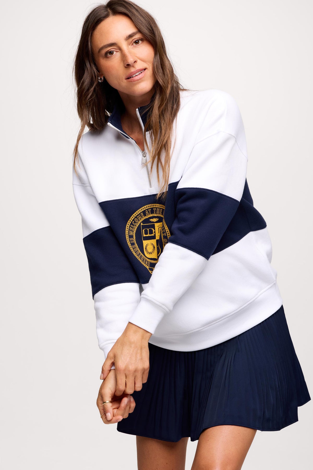 Color:White/Navy | nuuds quarter zip, women’s quarter zip, quarter zip pullover women, everyday casual top