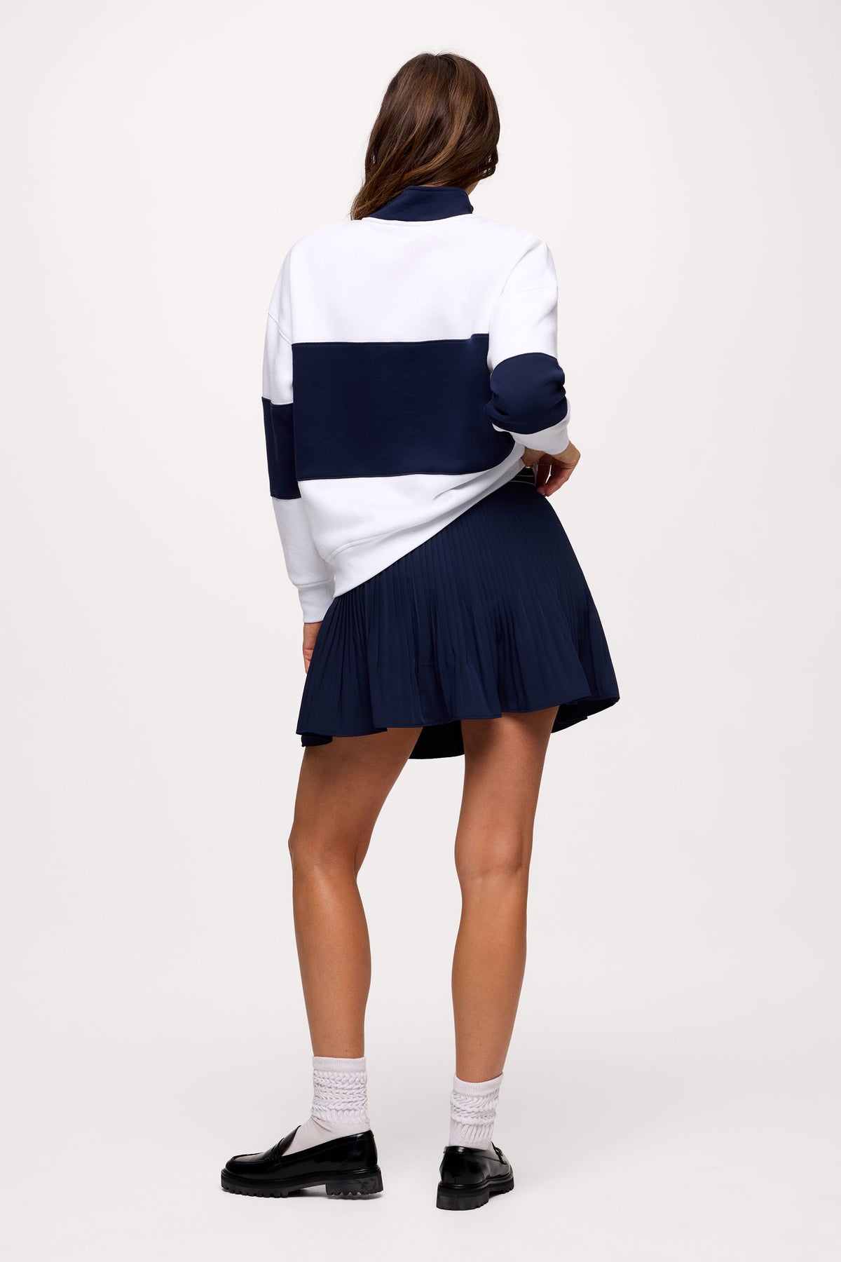 Color:White/Navy | nuuds quarter zip, women’s quarter zip, quarter zip pullover women, everyday casual top