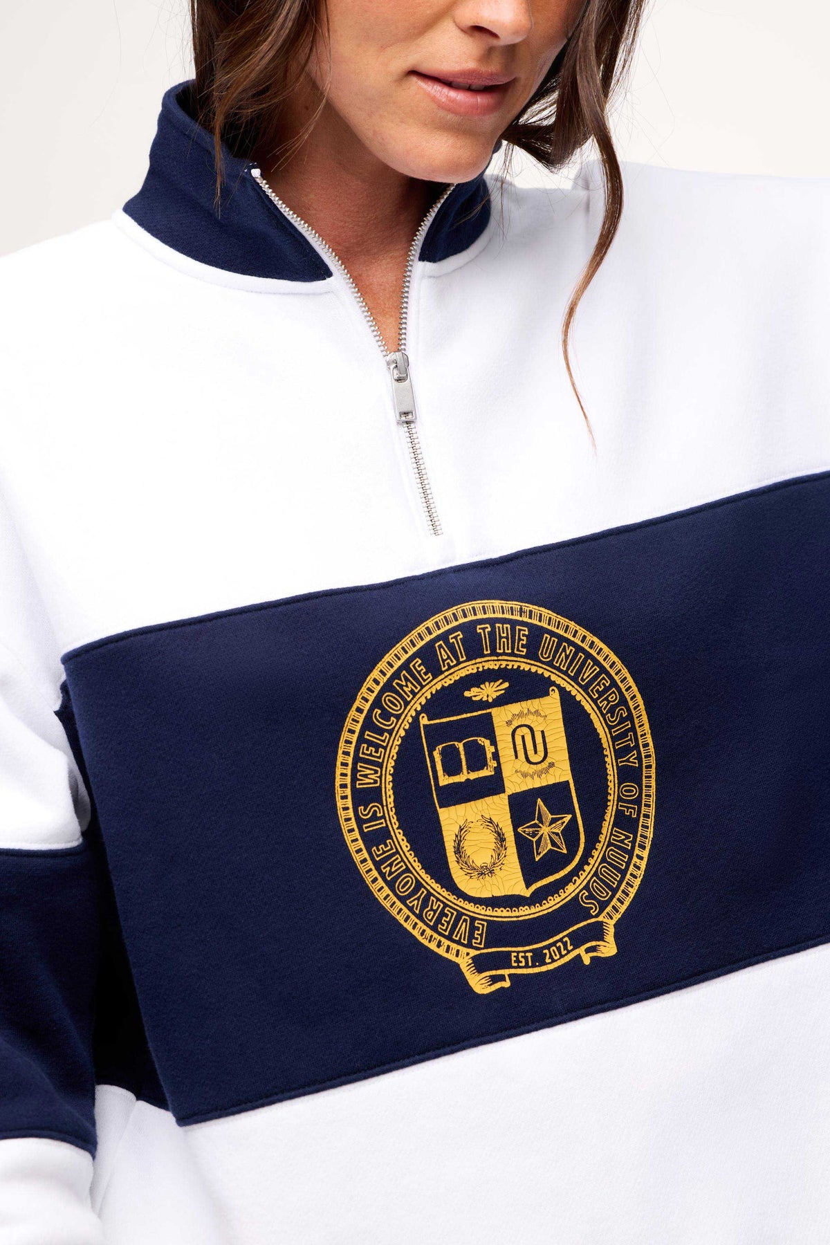Color:White/Navy | nuuds quarter zip, women’s quarter zip, quarter zip pullover women, everyday casual top