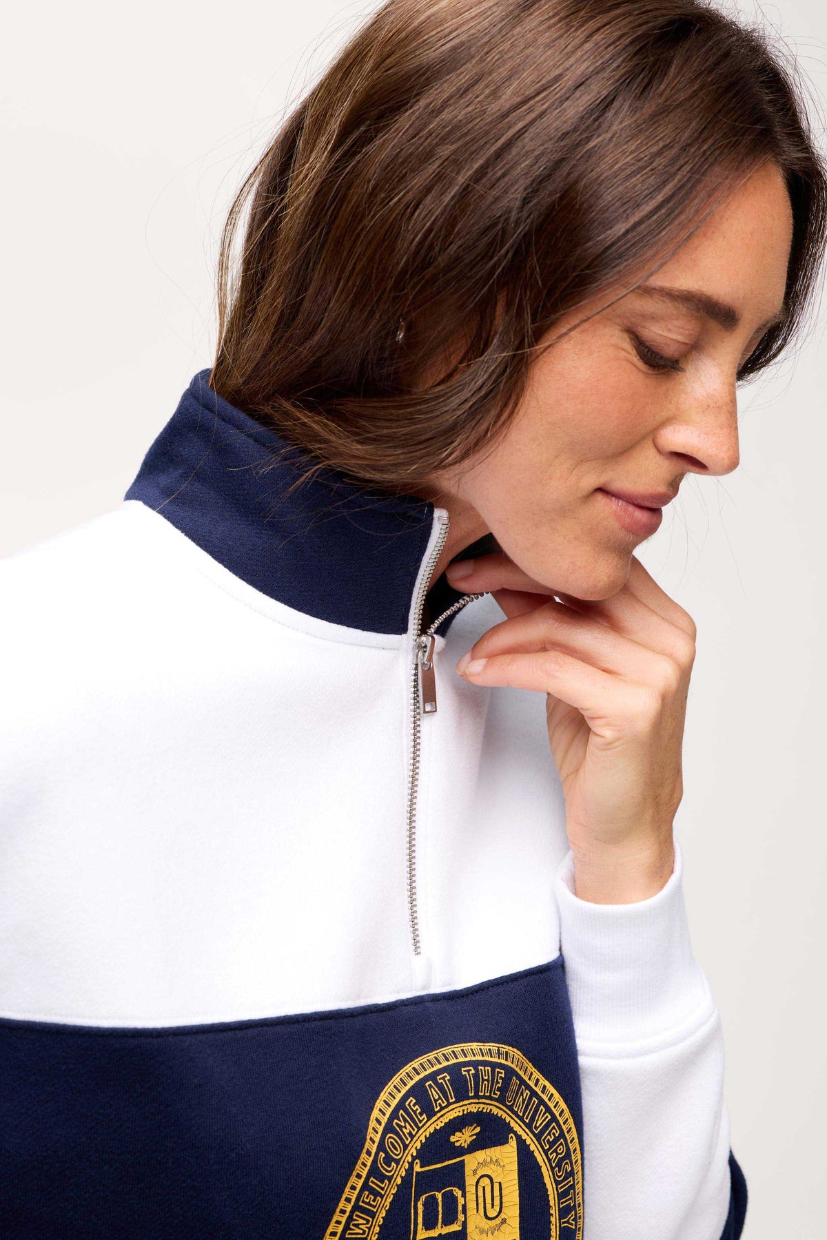Color:White/Navy | nuuds quarter zip, women’s quarter zip, quarter zip pullover women, everyday casual top