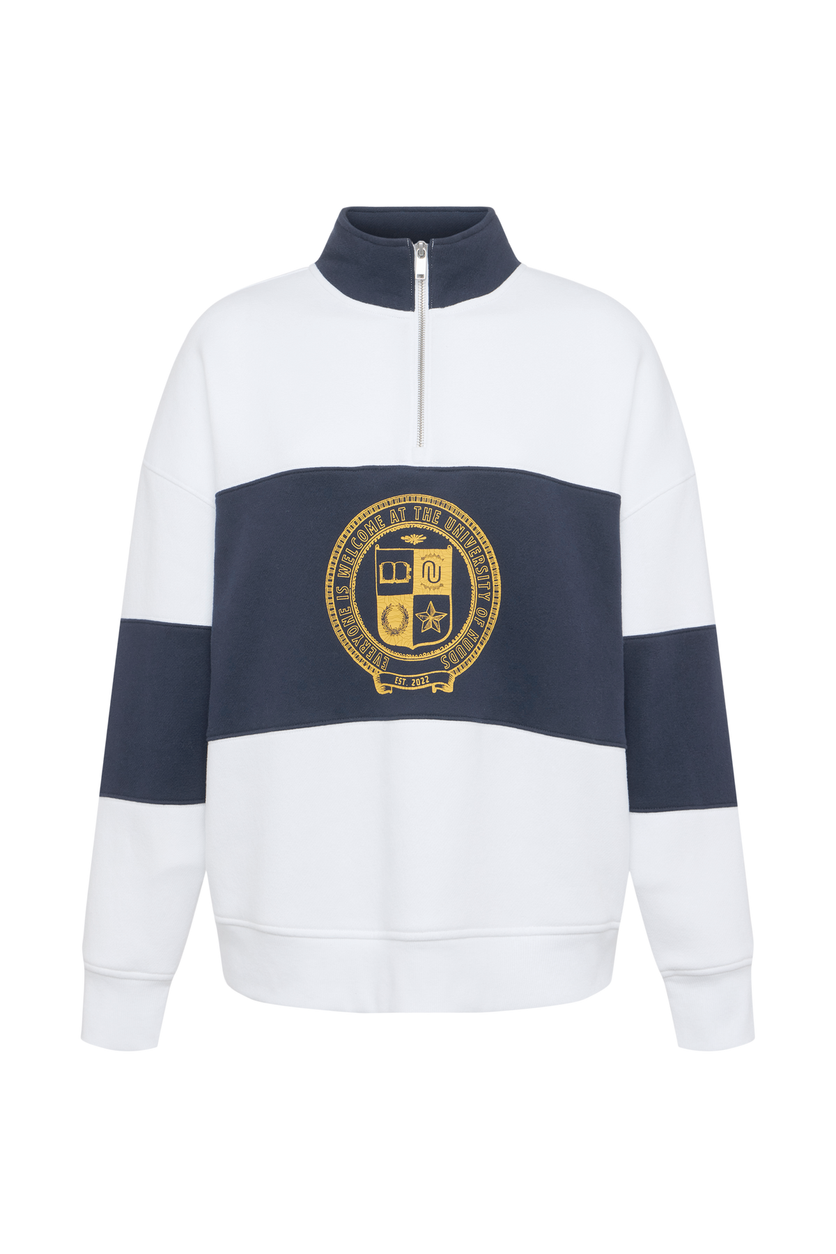 Color:White/Navy | nuuds quarter zip, women’s quarter zip, quarter zip pullover women, everyday casual top