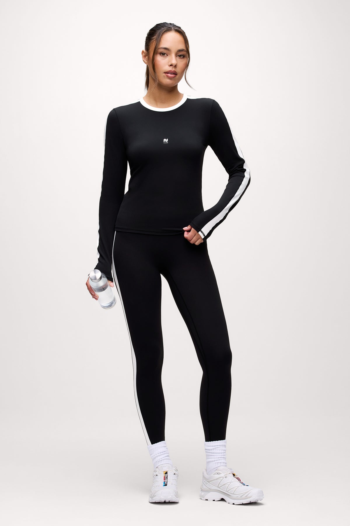 Color:Black | nuuds contrast long sleeve top womens long sleeve active shirt pilates outfit fitted workout top