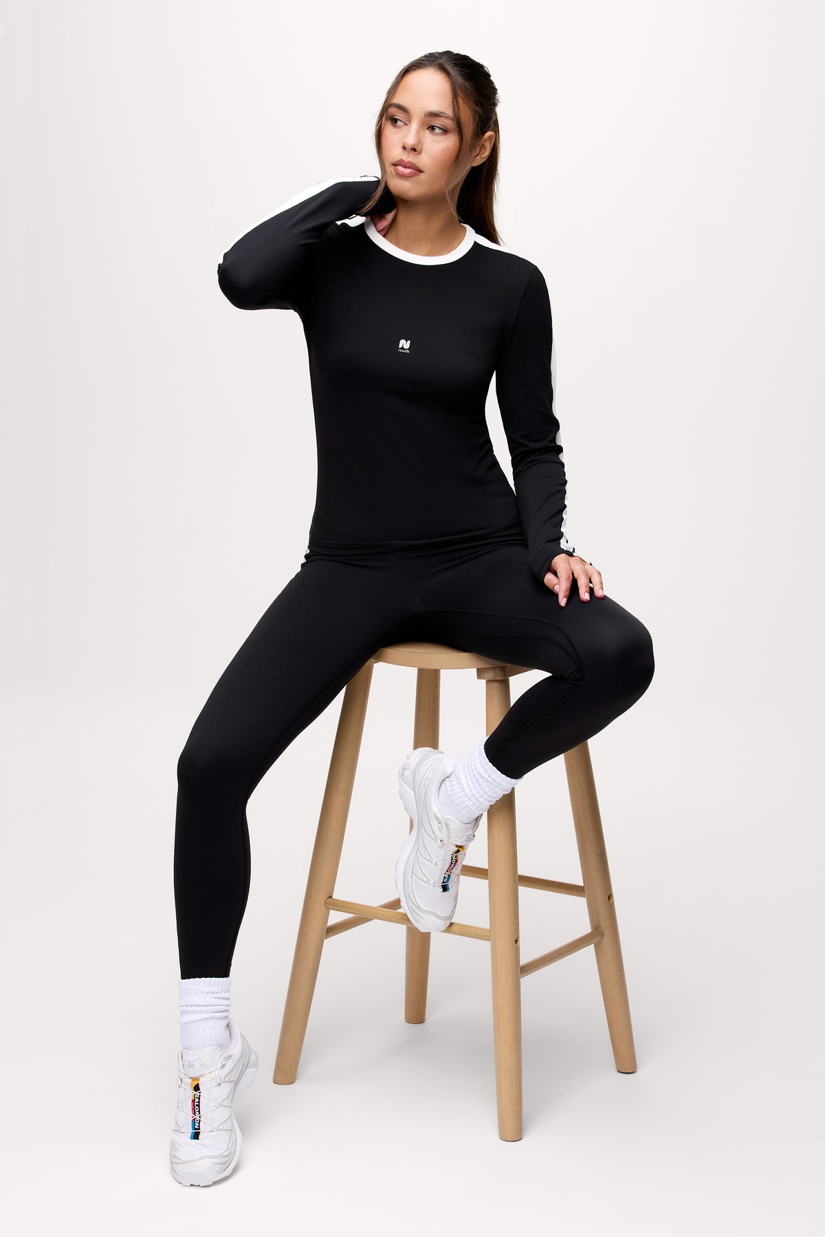 Color:Black | nuuds contrast long sleeve top womens long sleeve active shirt pilates outfit fitted workout top