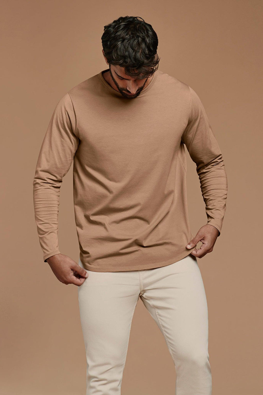 Men's Long Sleeve Curved Hem T-Shirt | Cinnamon
