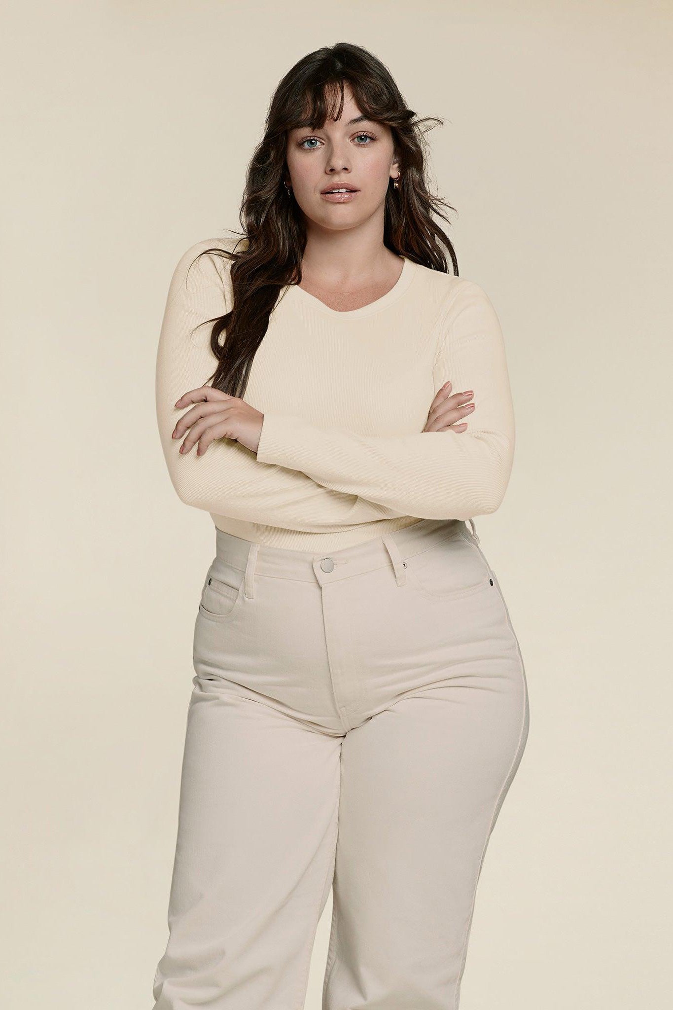 Women's Long Sleeve Ribbed Crewneck Bodysuit | Bone