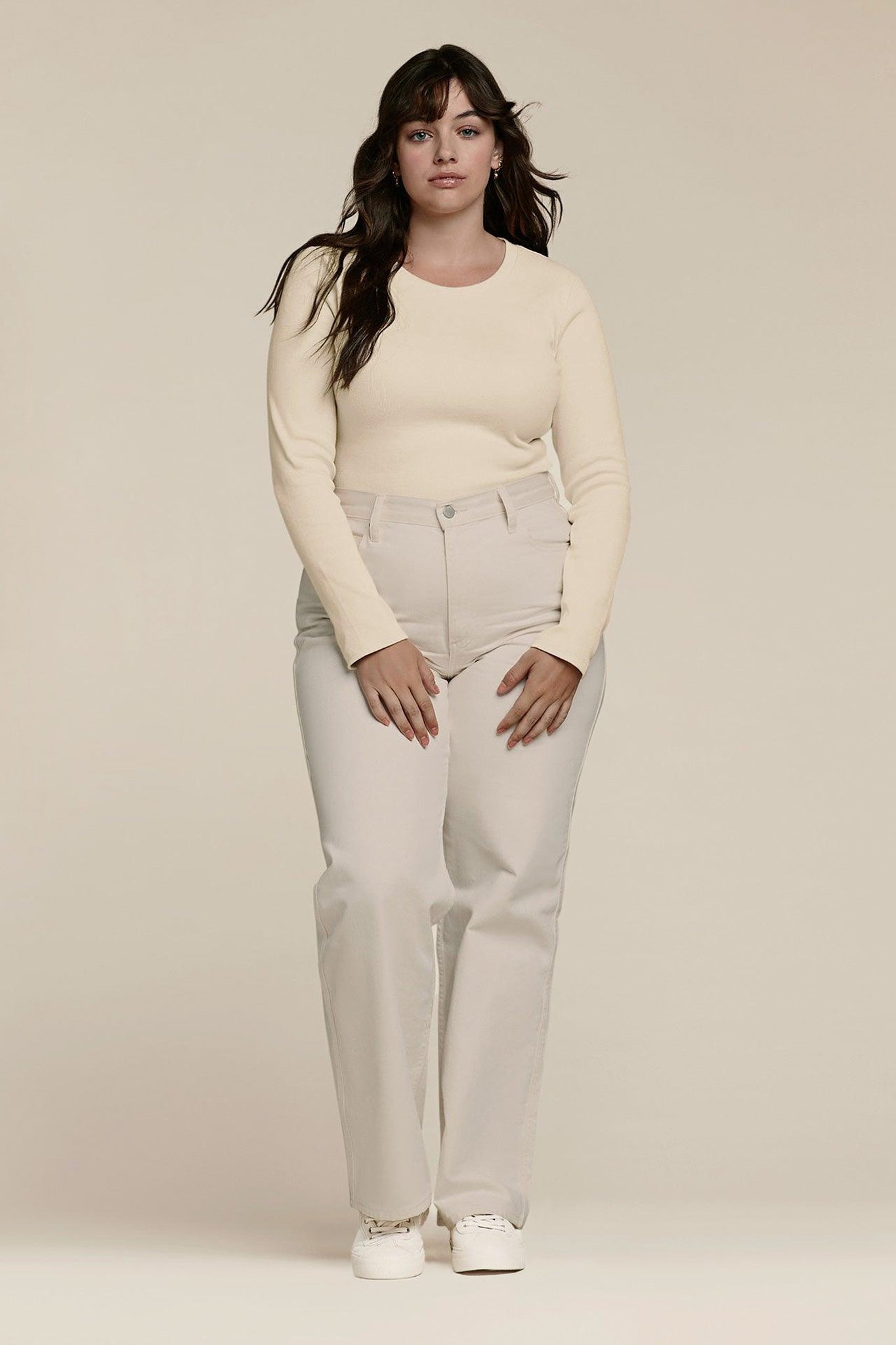 Women's Long Sleeve Ribbed Crewneck Bodysuit | Bone