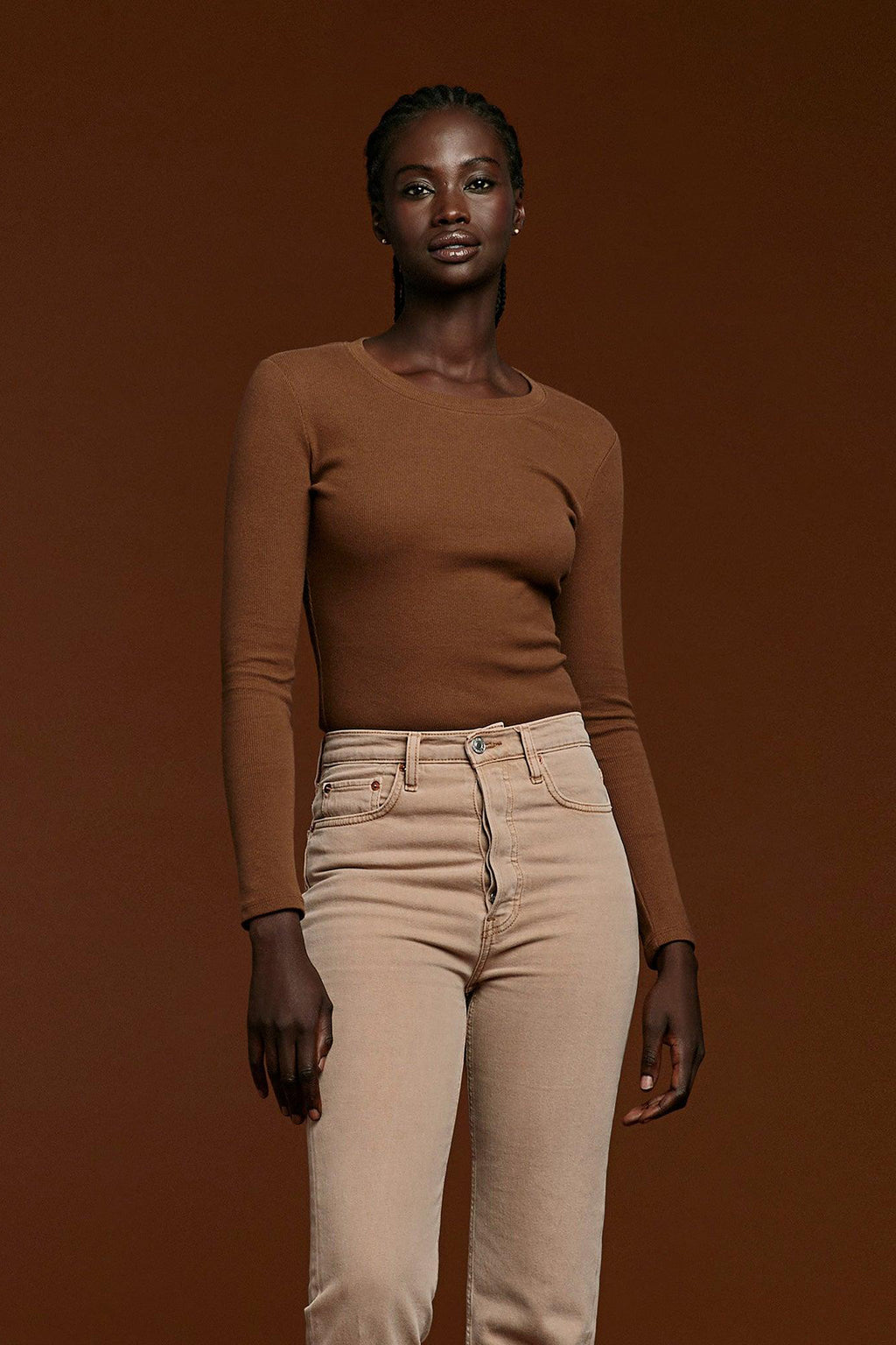 Women's Long Sleeve Ribbed Crewneck Bodysuit | Chocolate