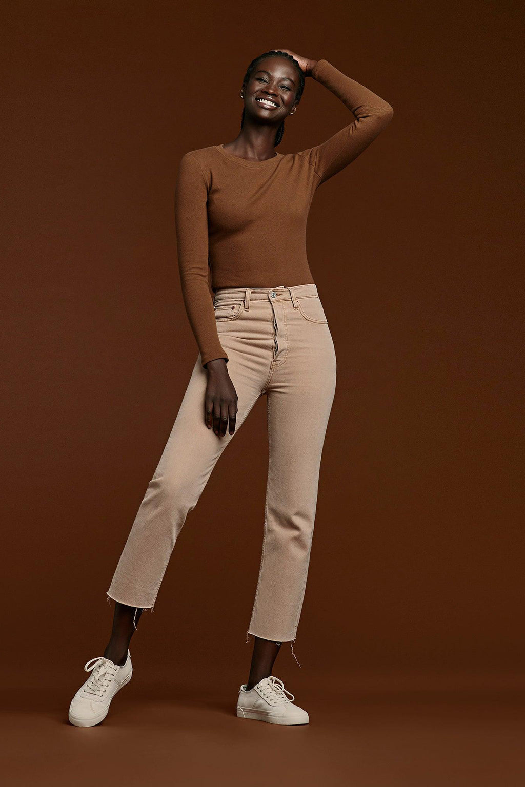 Women's Long Sleeve Ribbed Crewneck Bodysuit | Chocolate