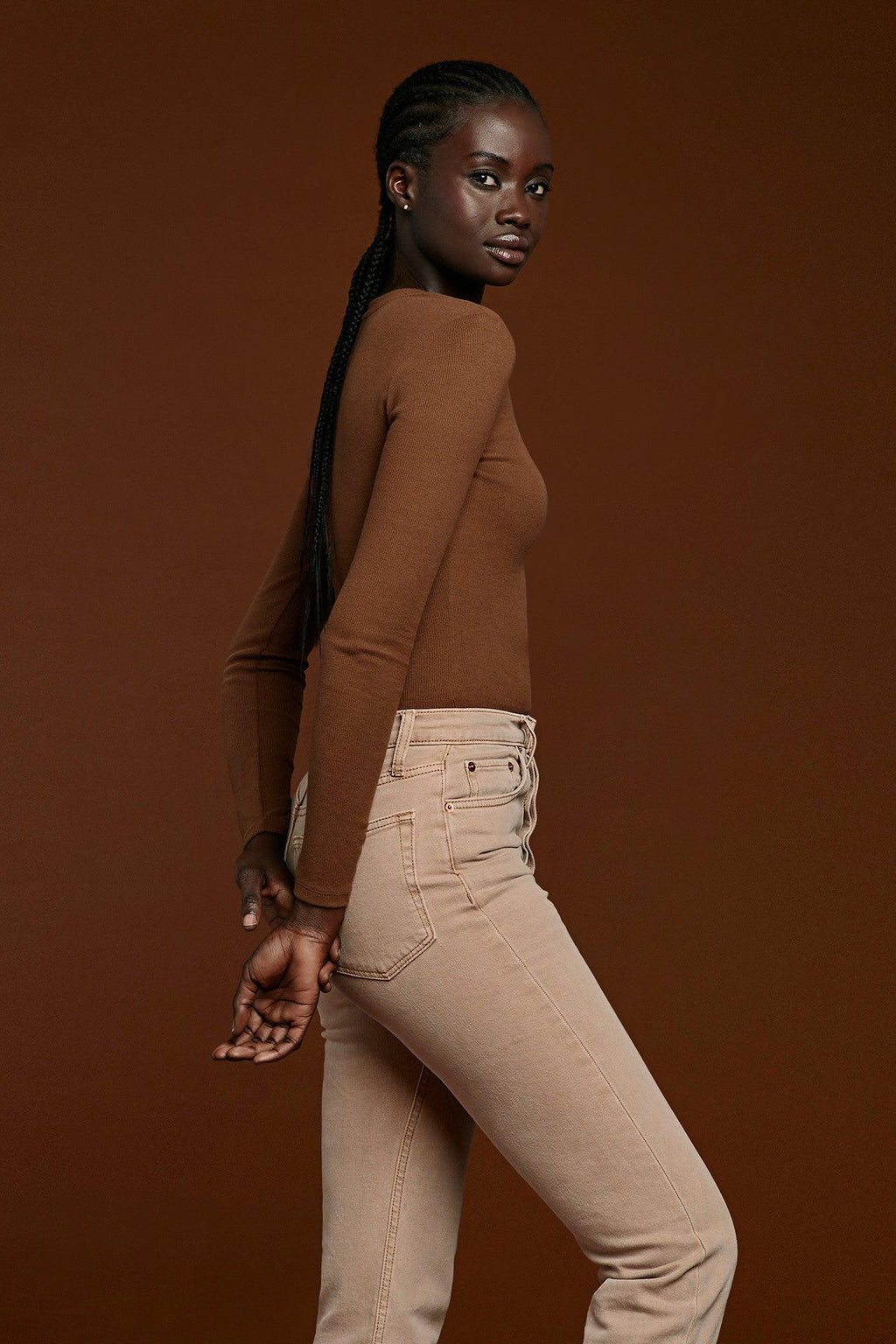 Women's Long Sleeve Ribbed Crewneck Bodysuit | Chocolate