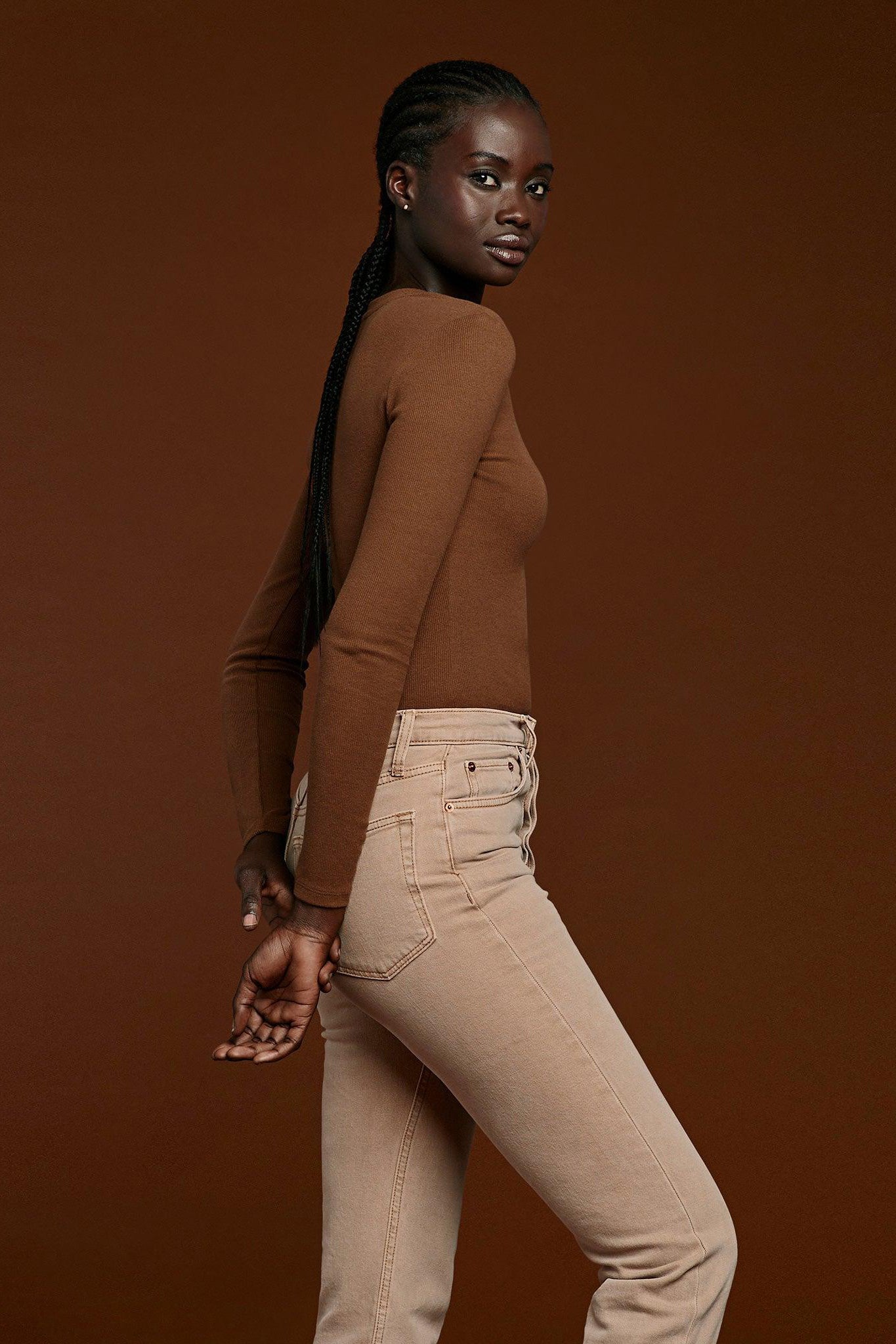 Women's Long Sleeve Ribbed Crewneck Bodysuit | Chocolate
