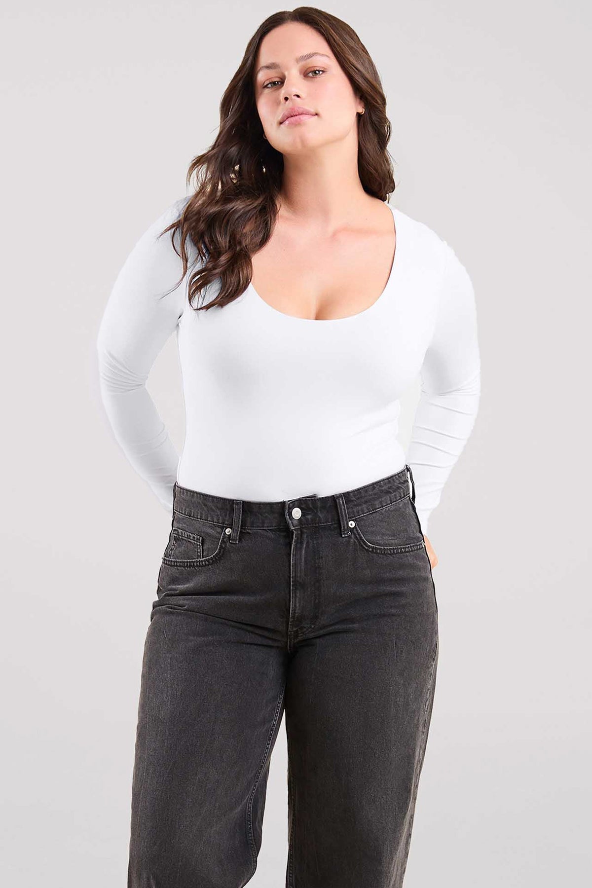 Color:White | Long Sleeve Scoop Neck Bodysuit