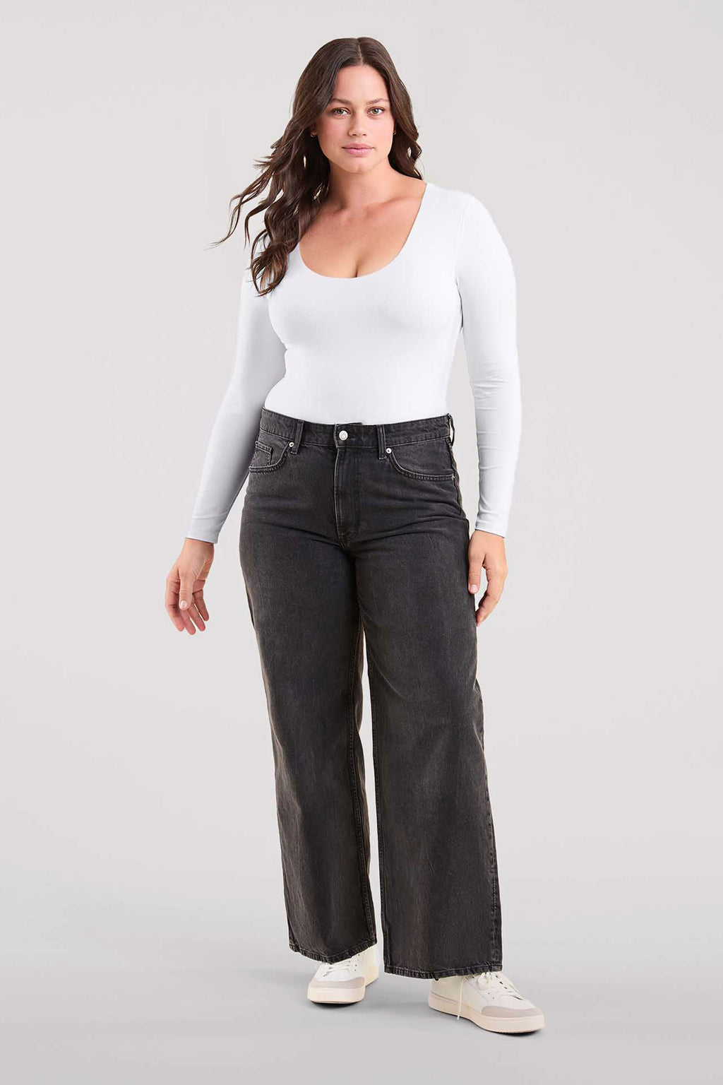 Color:White | Long Sleeve Scoop Neck Bodysuit