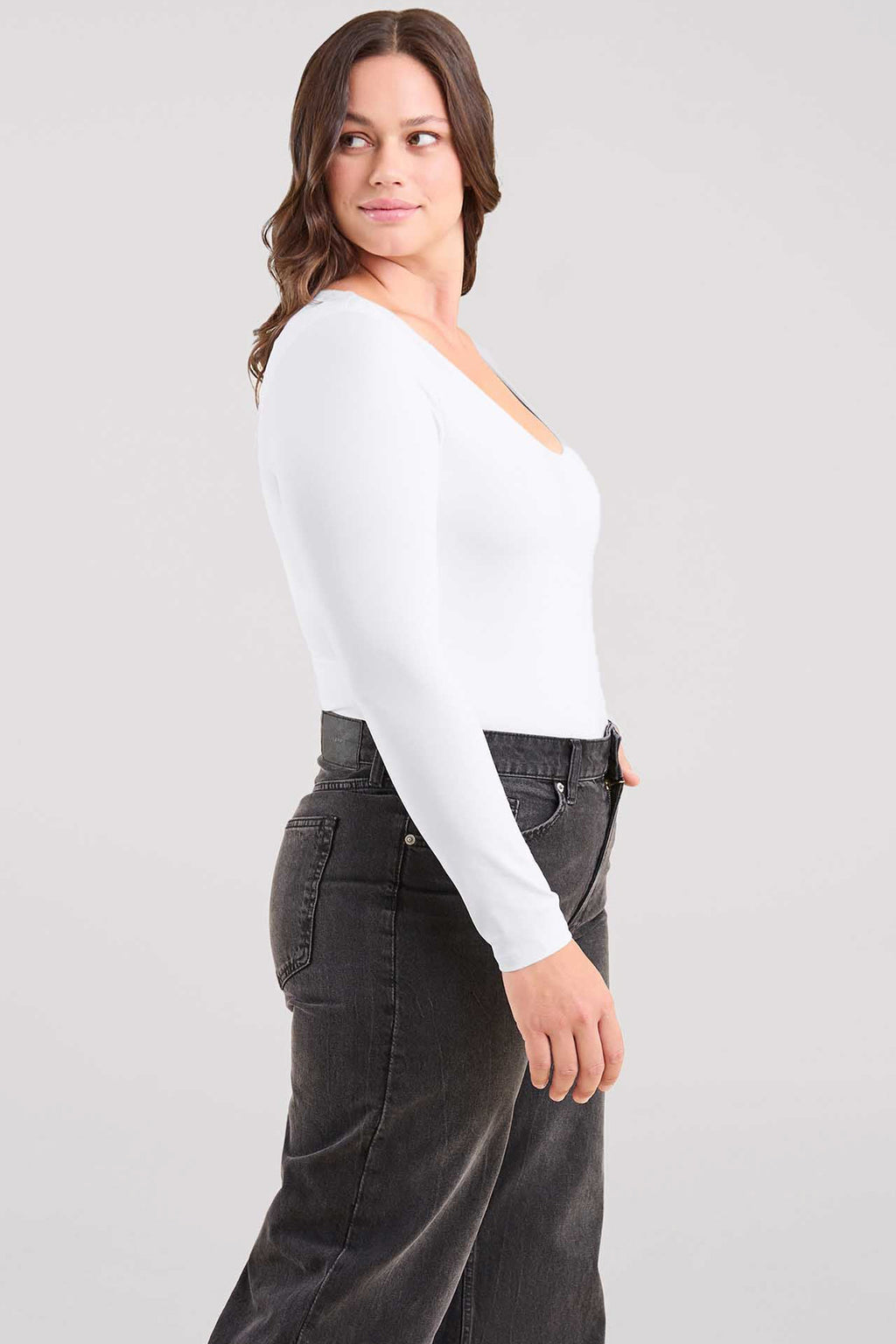 Color:White | Long Sleeve Scoop Neck Bodysuit