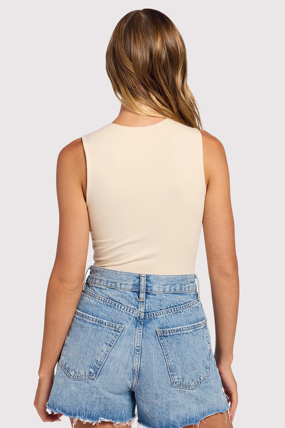 Color:Bone | Cotton Stretch Classic Crewneck Tank Bodysuit