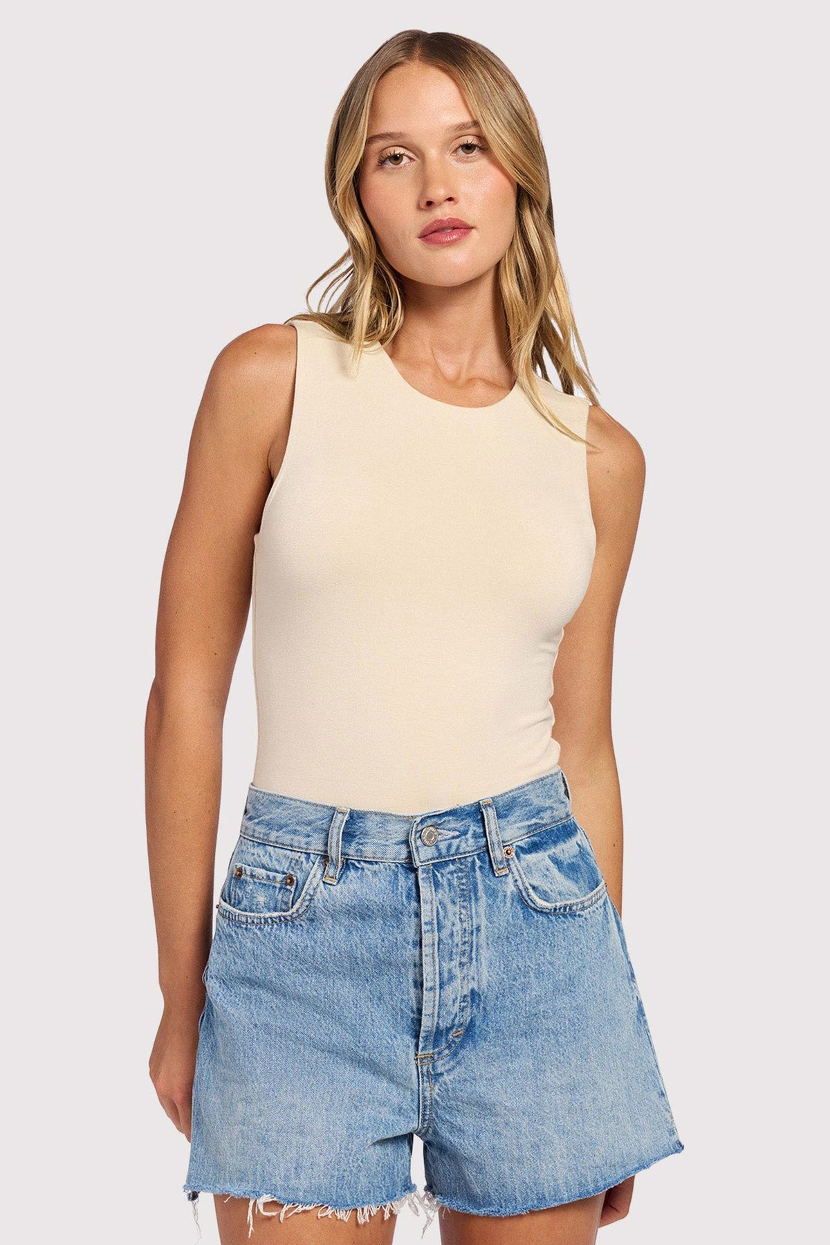 Color:Bone | Cotton Stretch Classic Crewneck Tank Bodysuit
