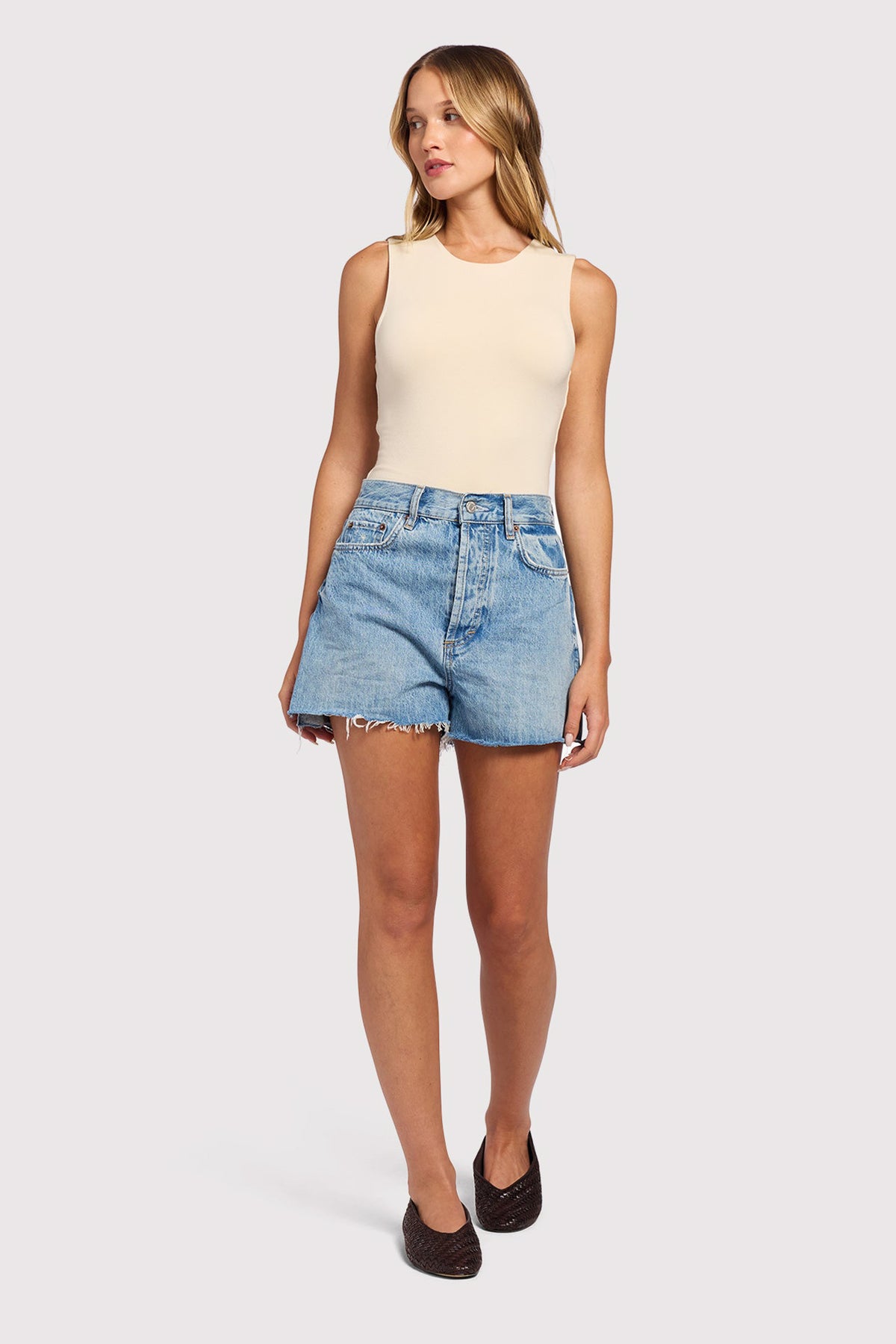 Color:Bone | Cotton Stretch Classic Crewneck Tank Bodysuit