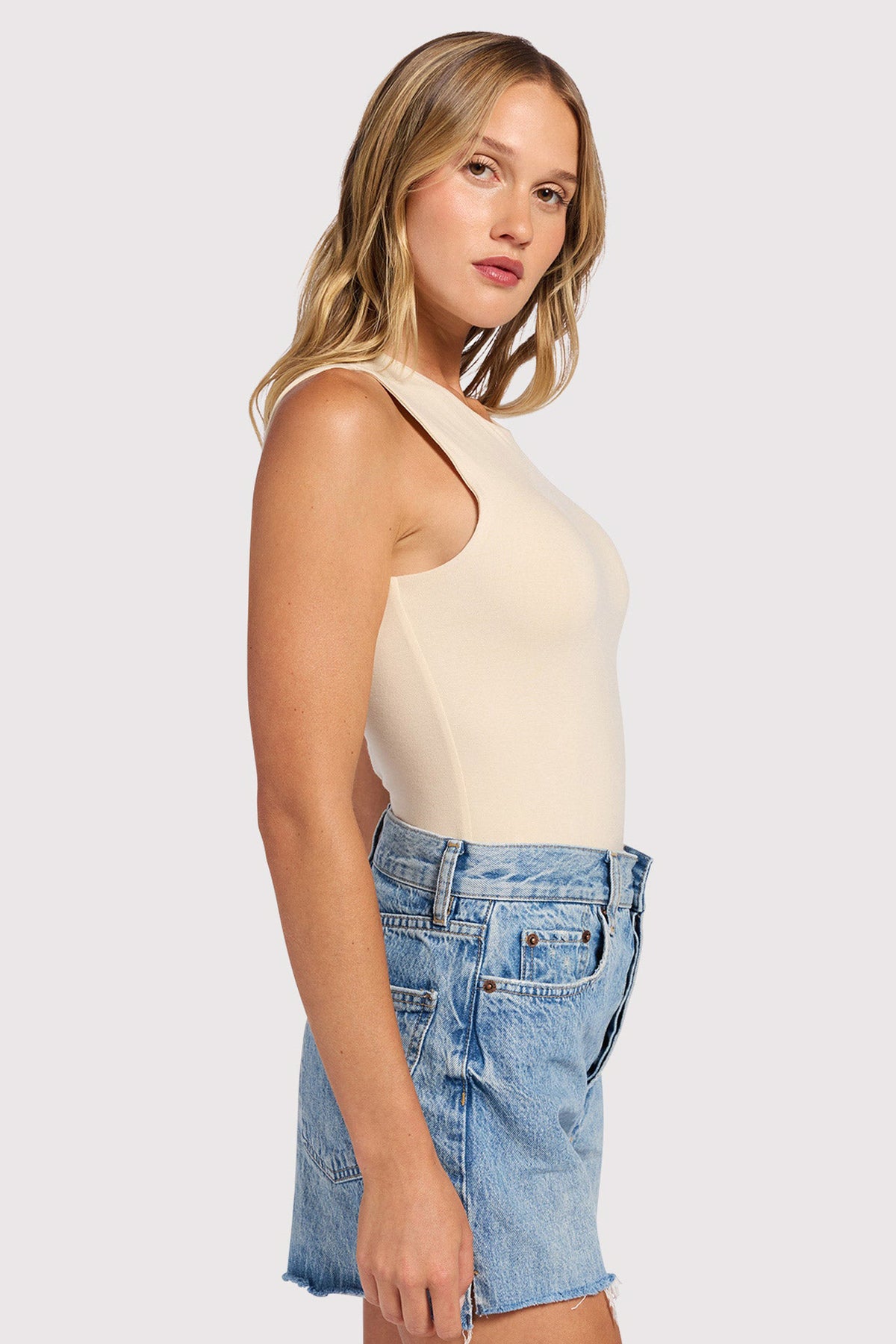 Color:Bone | Cotton Stretch Classic Crewneck Tank Bodysuit