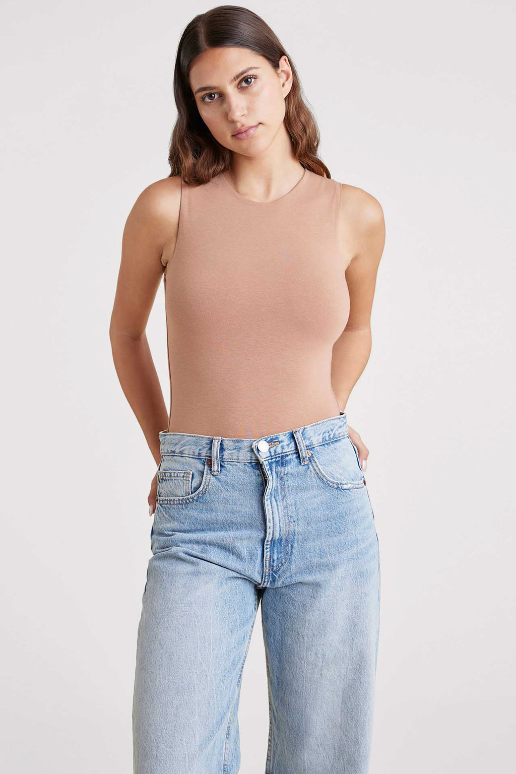 Cotton Stretch Classic Crewneck Tank Bodysuit | Clay