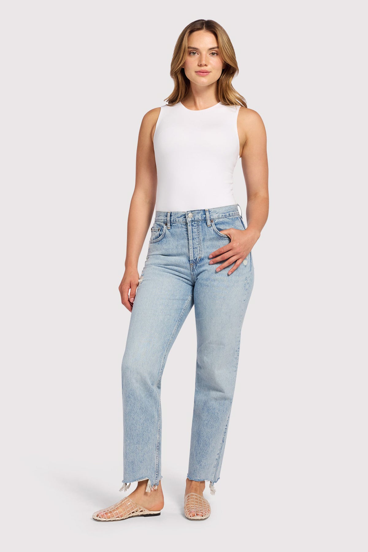 Color:White | Cotton Stretch Classic Crewneck Tank Bodysuit